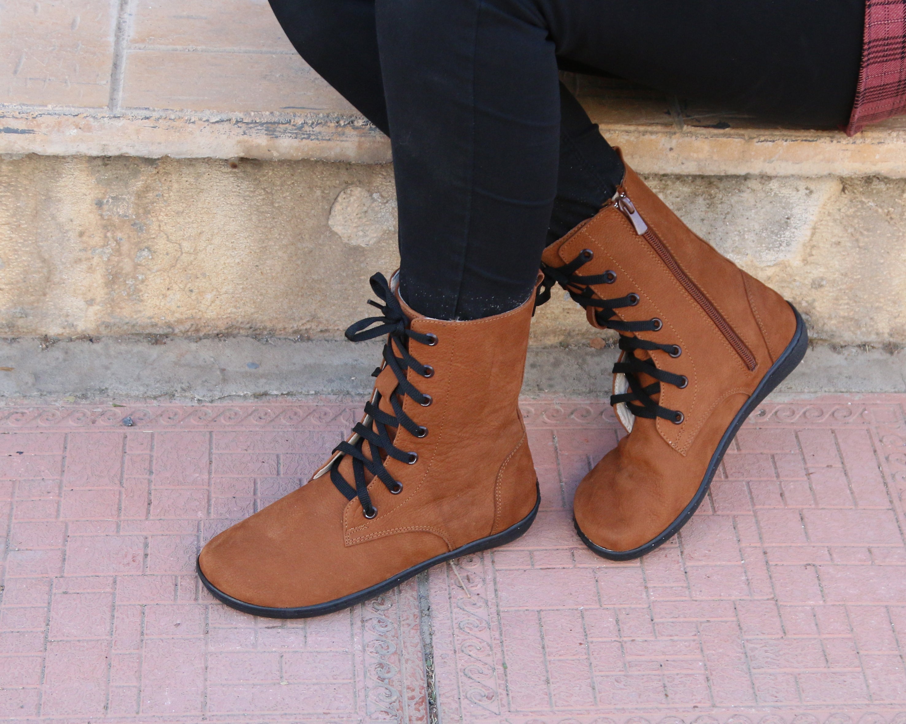 Tan Long Zipper Boots Wide Barefoot Shoes Nubuck Leather Handmade Rubber Outsole 