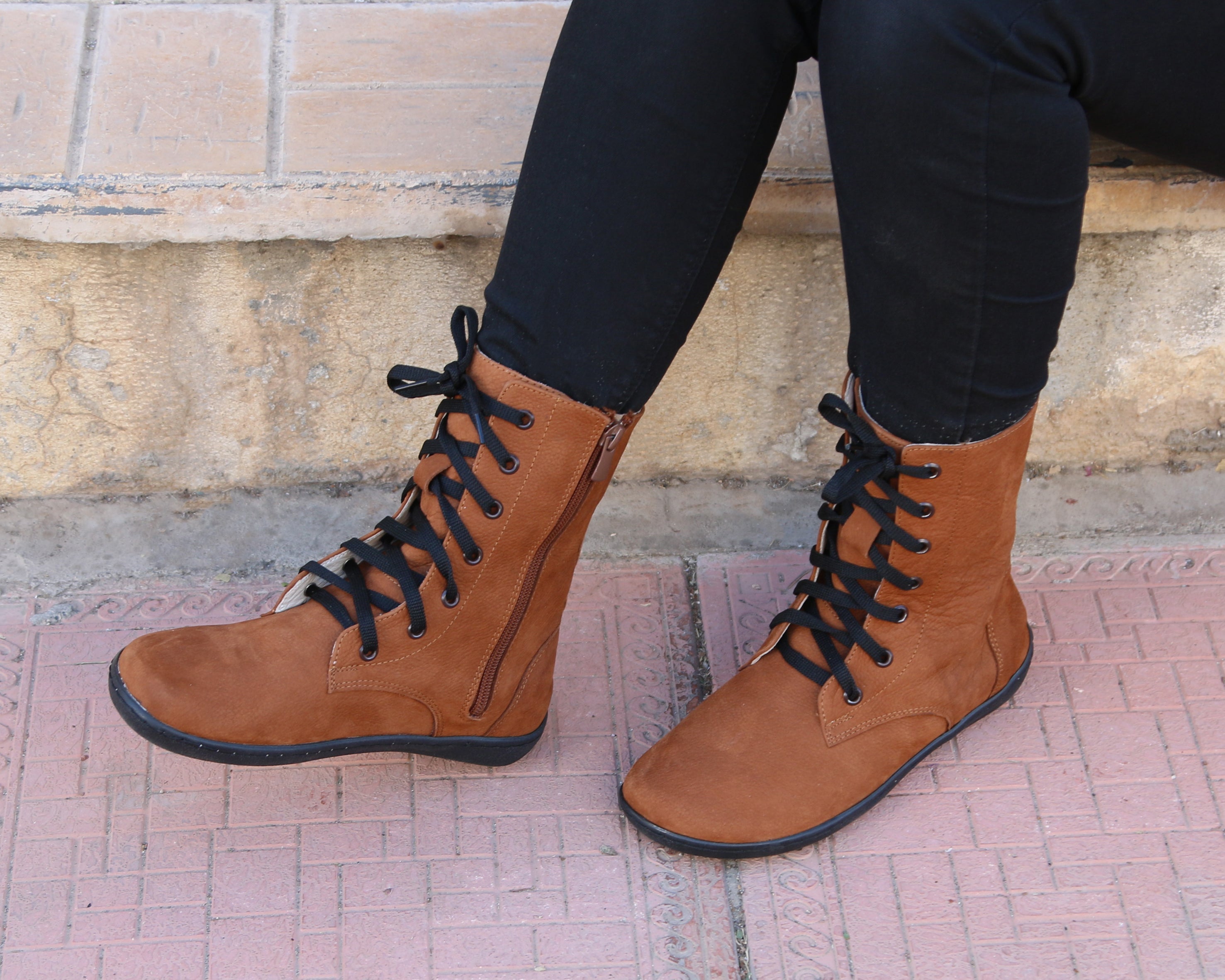 Tan Long Zipper Boots Wide Barefoot Shoes Nubuck Leather Handmade Rubber Outsole 
