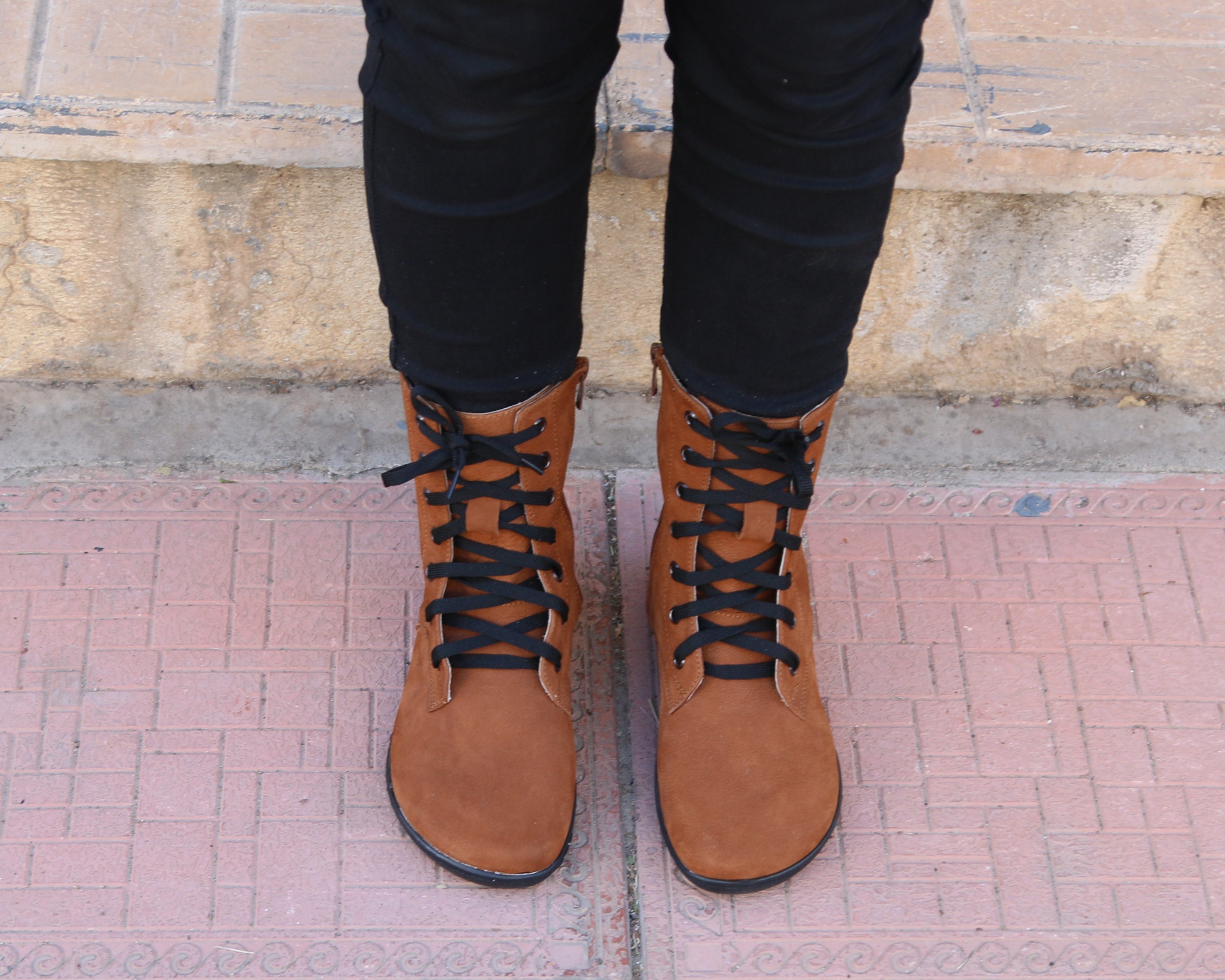 Tan Long Zipper Boots Wide Barefoot Shoes Nubuck Leather Handmade Rubber Outsole 