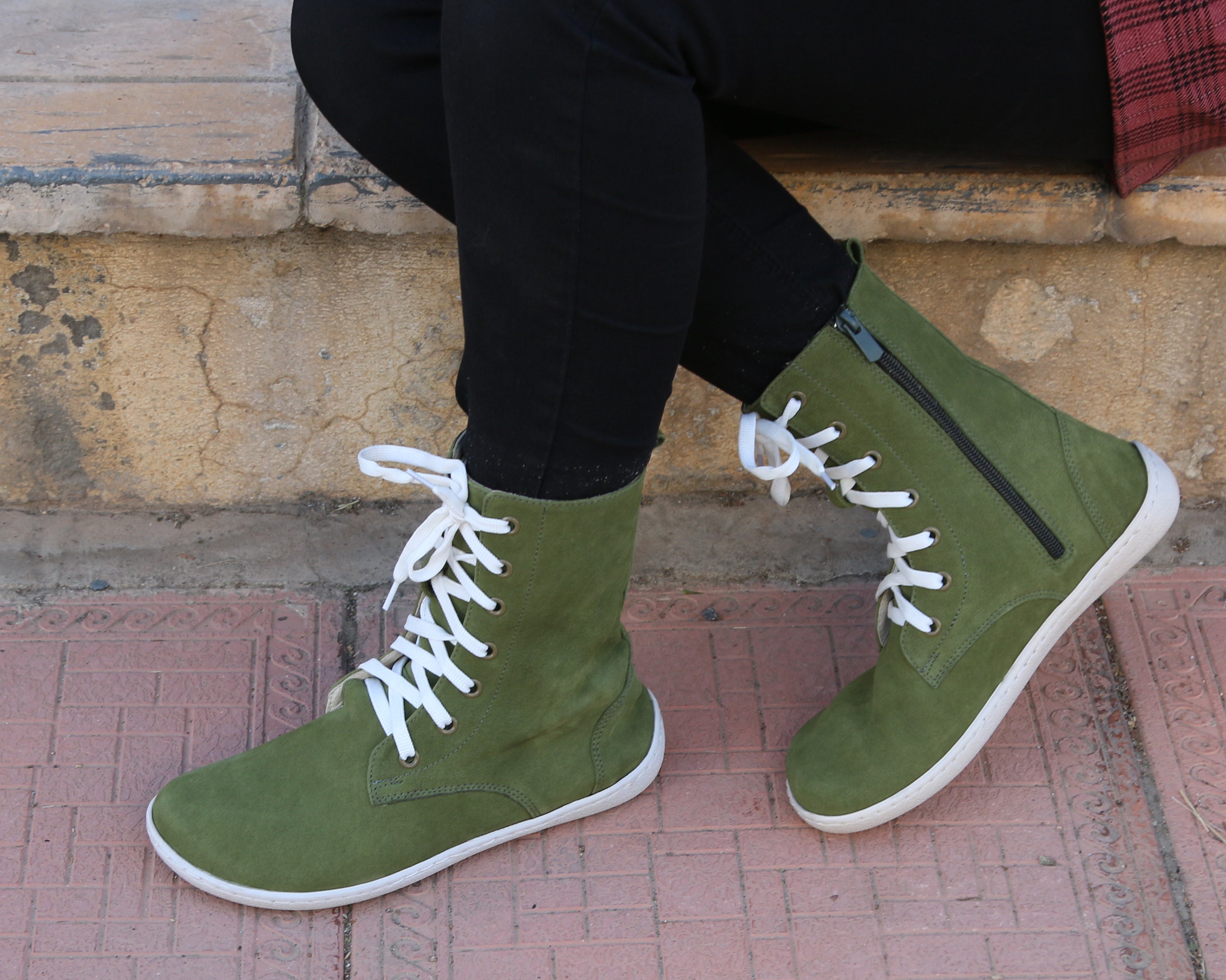 Green Long Zipper Boots Wide Barefoot Shoes Nubuck Leather Handmade Rubber Outsole