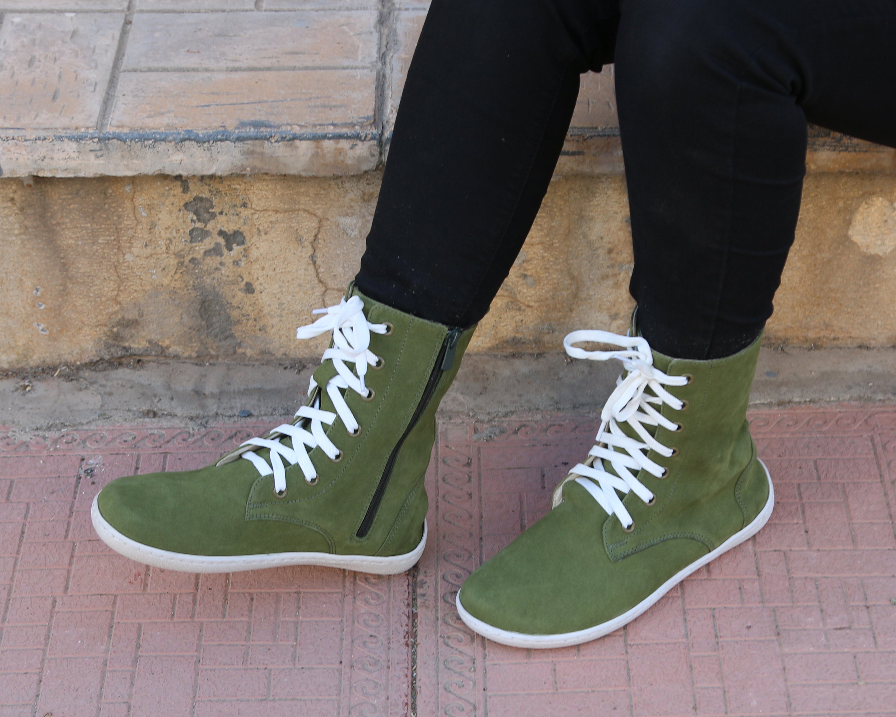 Green Long Zipper Boots Wide Barefoot Shoes Nubuck Leather Handmade Rubber Outsole