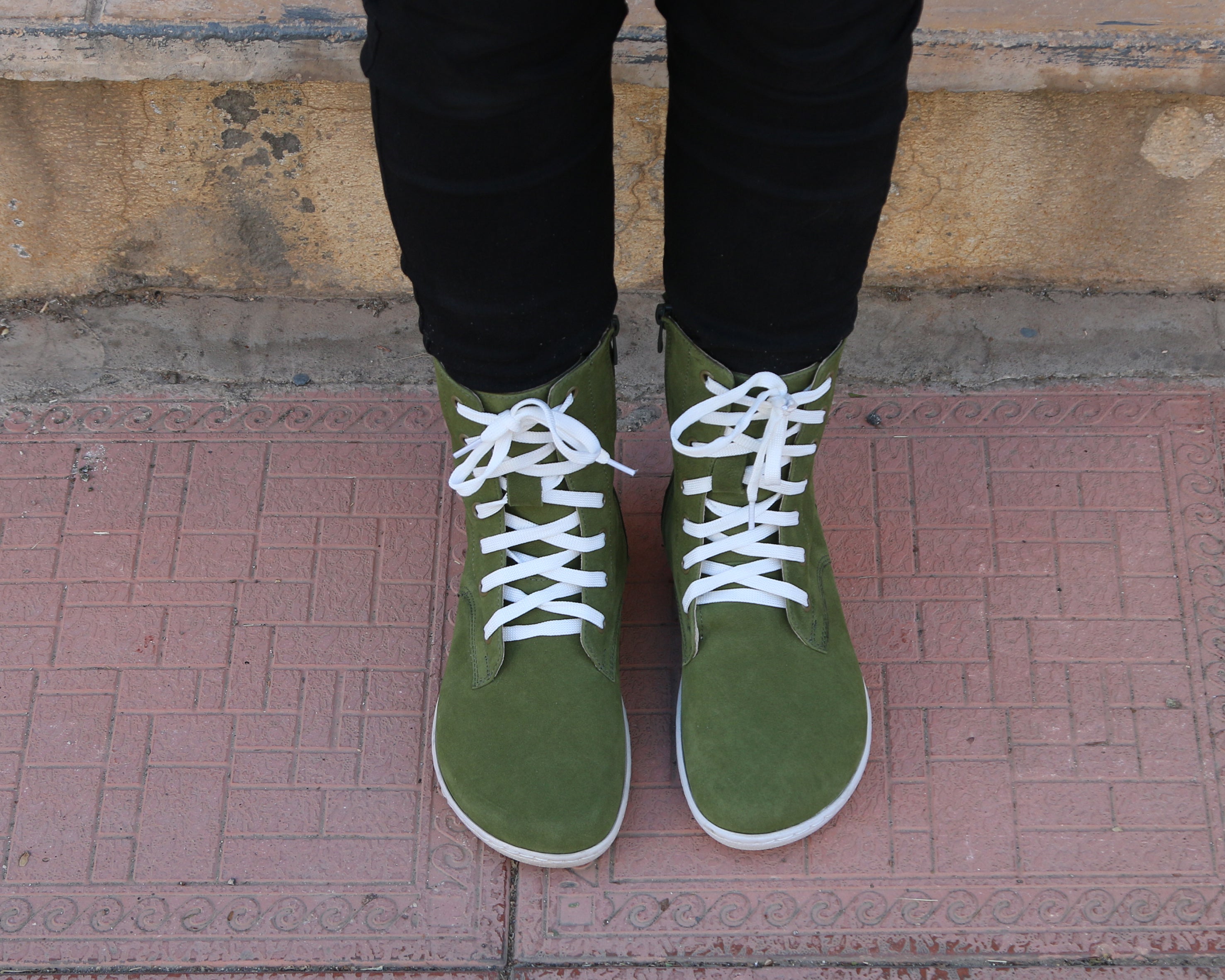 Green Long Zipper Boots Wide Barefoot Shoes Nubuck Leather Handmade Rubber Outsole