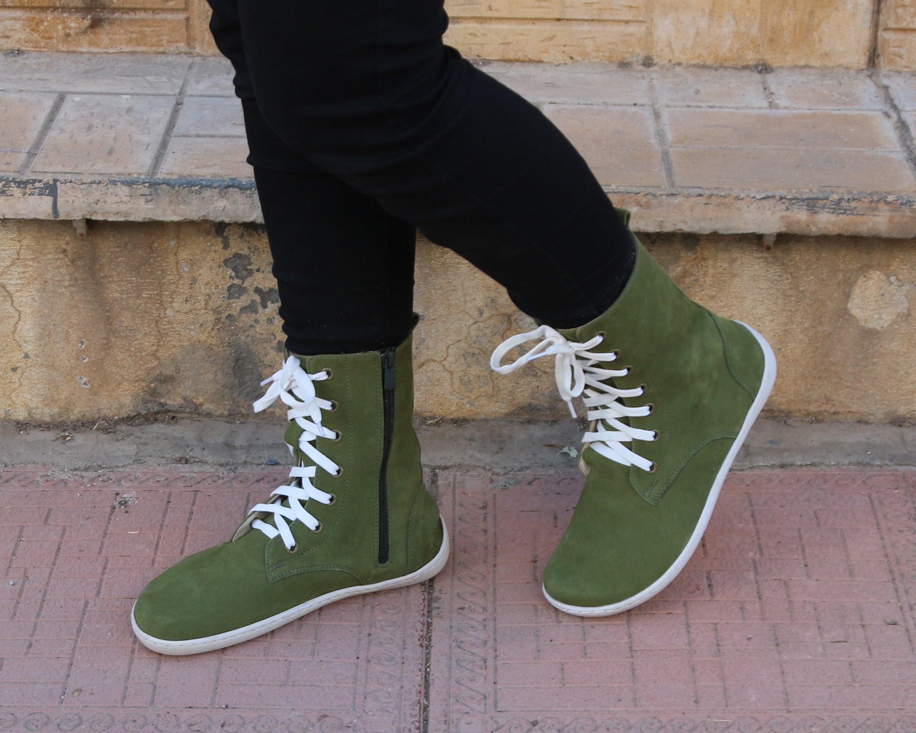 Green Long Zipper Boots Wide Barefoot Shoes Nubuck Leather Handmade Rubber Outsole