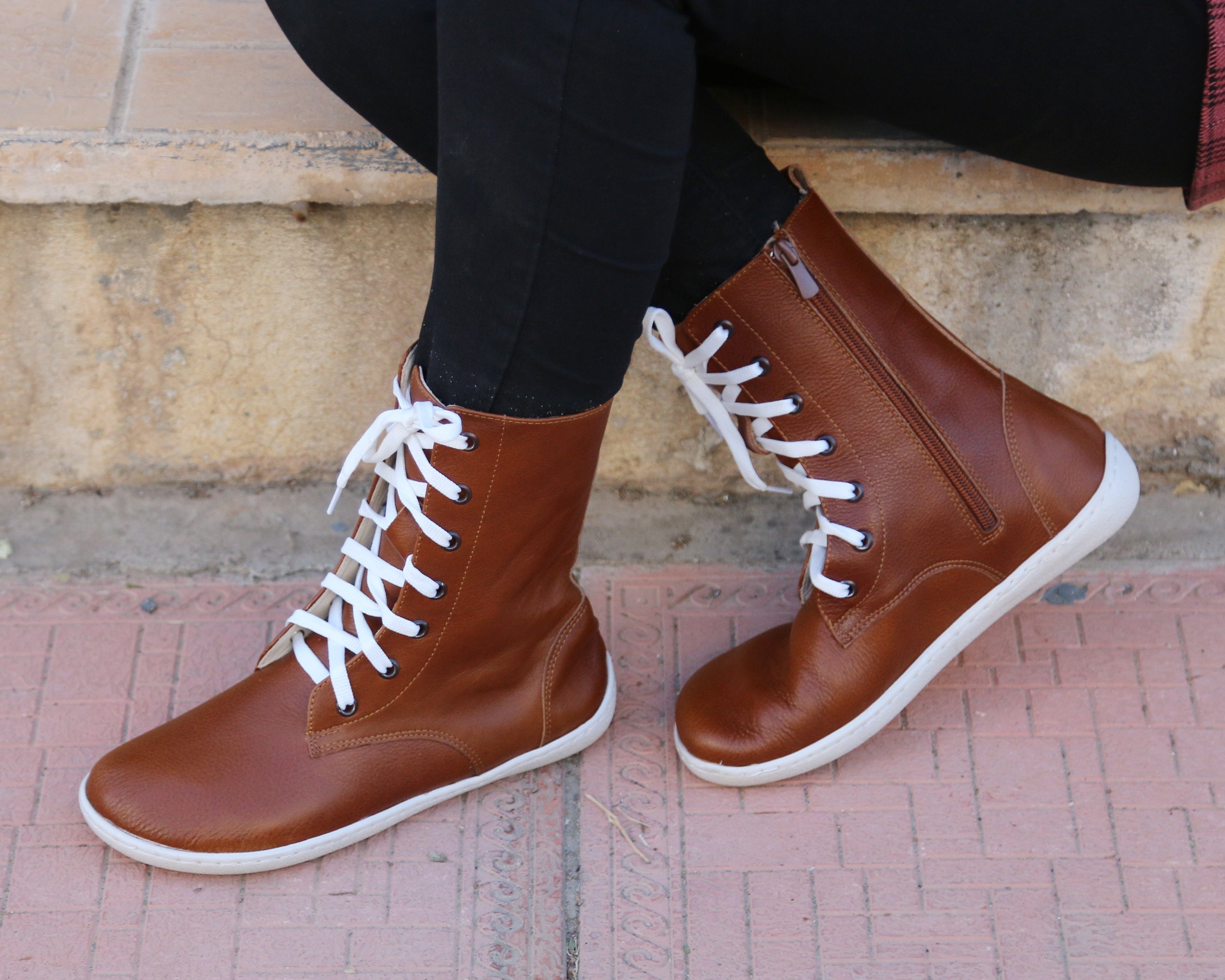 Brown Long Zipper Boots Wide Barefoot Shoes Smooth Leather Handmade 6mm Rubber Outsole 