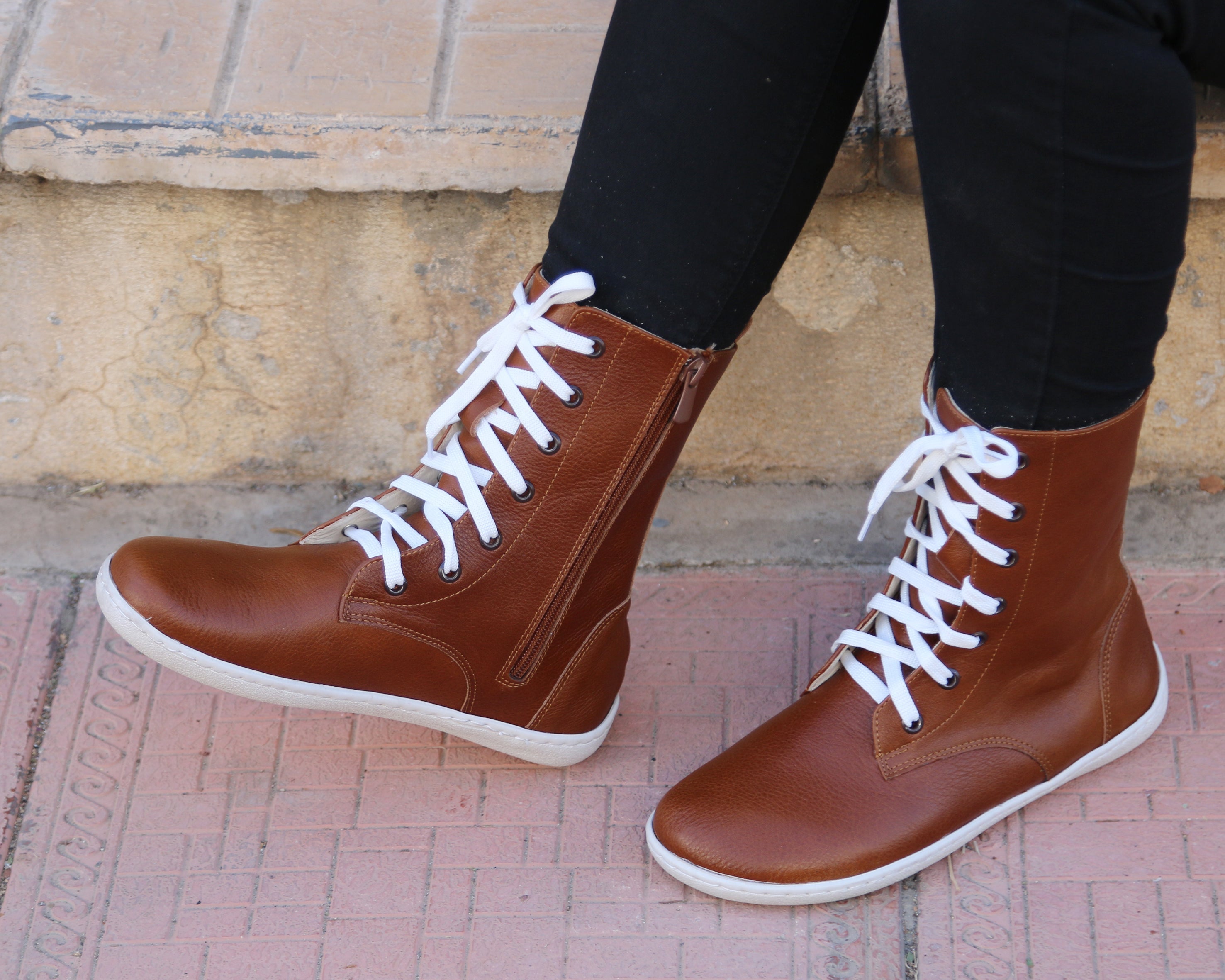 Brown Long Zipper Boots Wide Barefoot Shoes Smooth Leather Handmade 6mm Rubber Outsole 