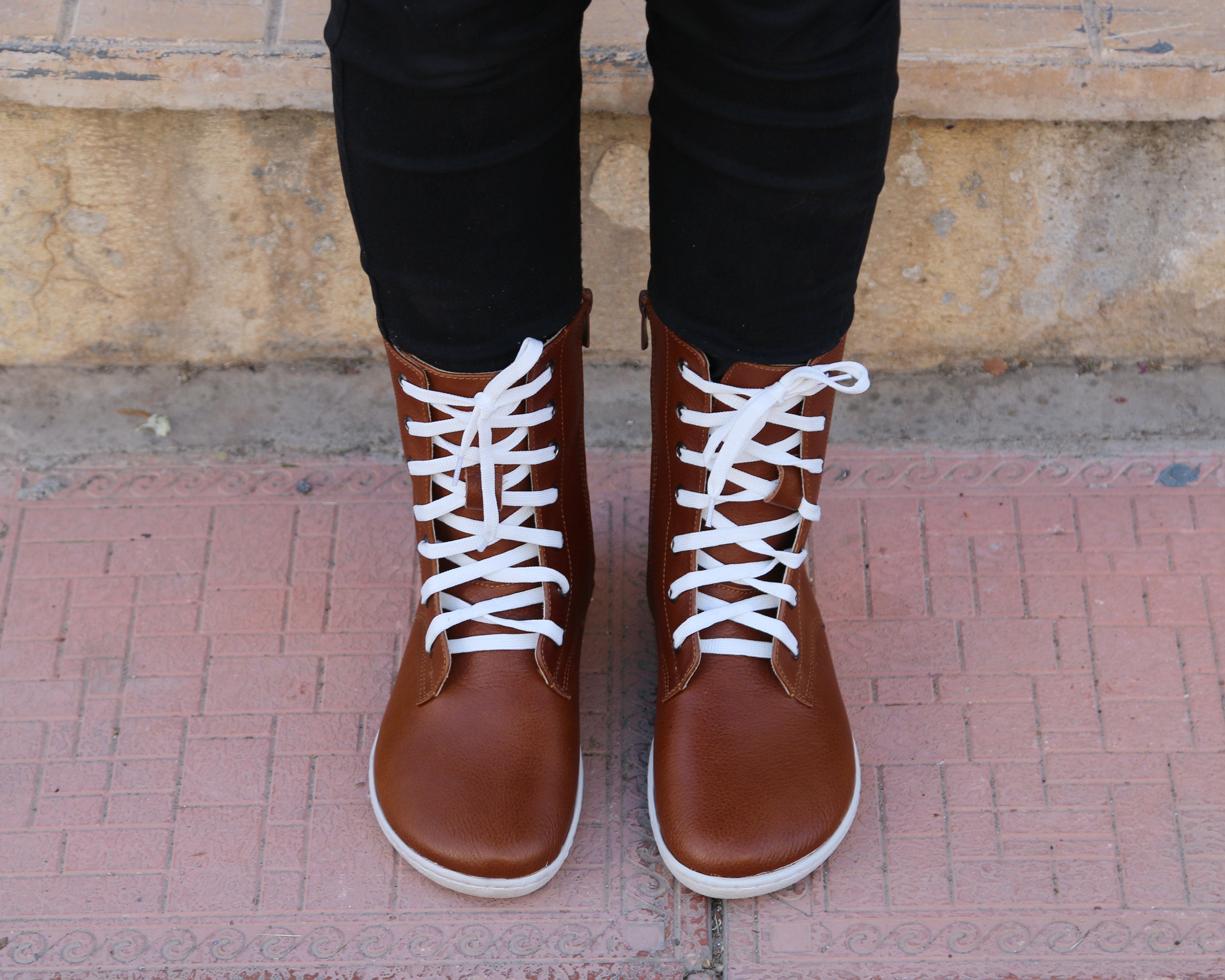 Brown Long Zipper Boots Wide Barefoot Shoes Smooth Leather Handmade 6mm Rubber Outsole