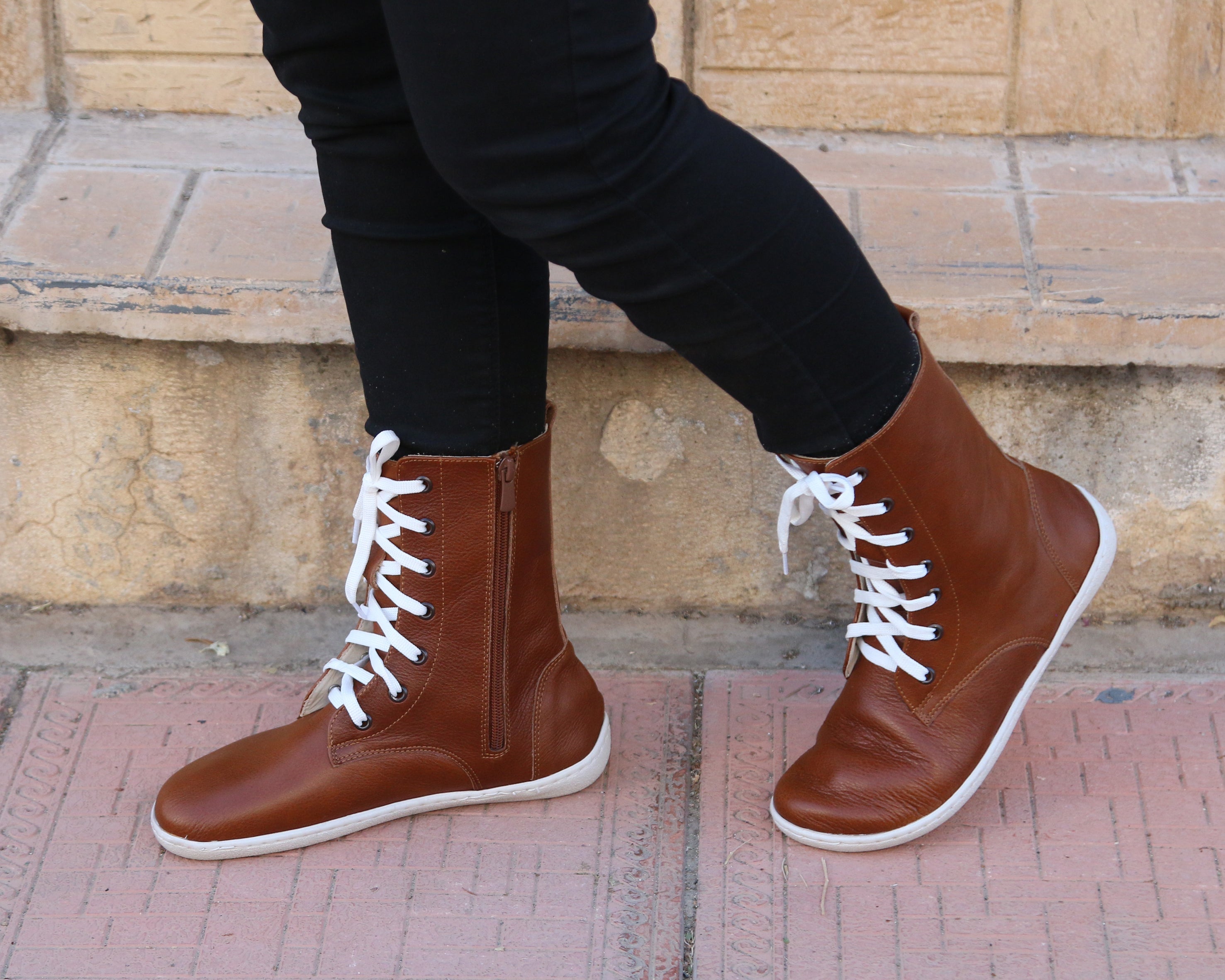 Brown Long Zipper Boots Wide Barefoot Shoes Smooth Leather Handmade 6mm Rubber Outsole 
