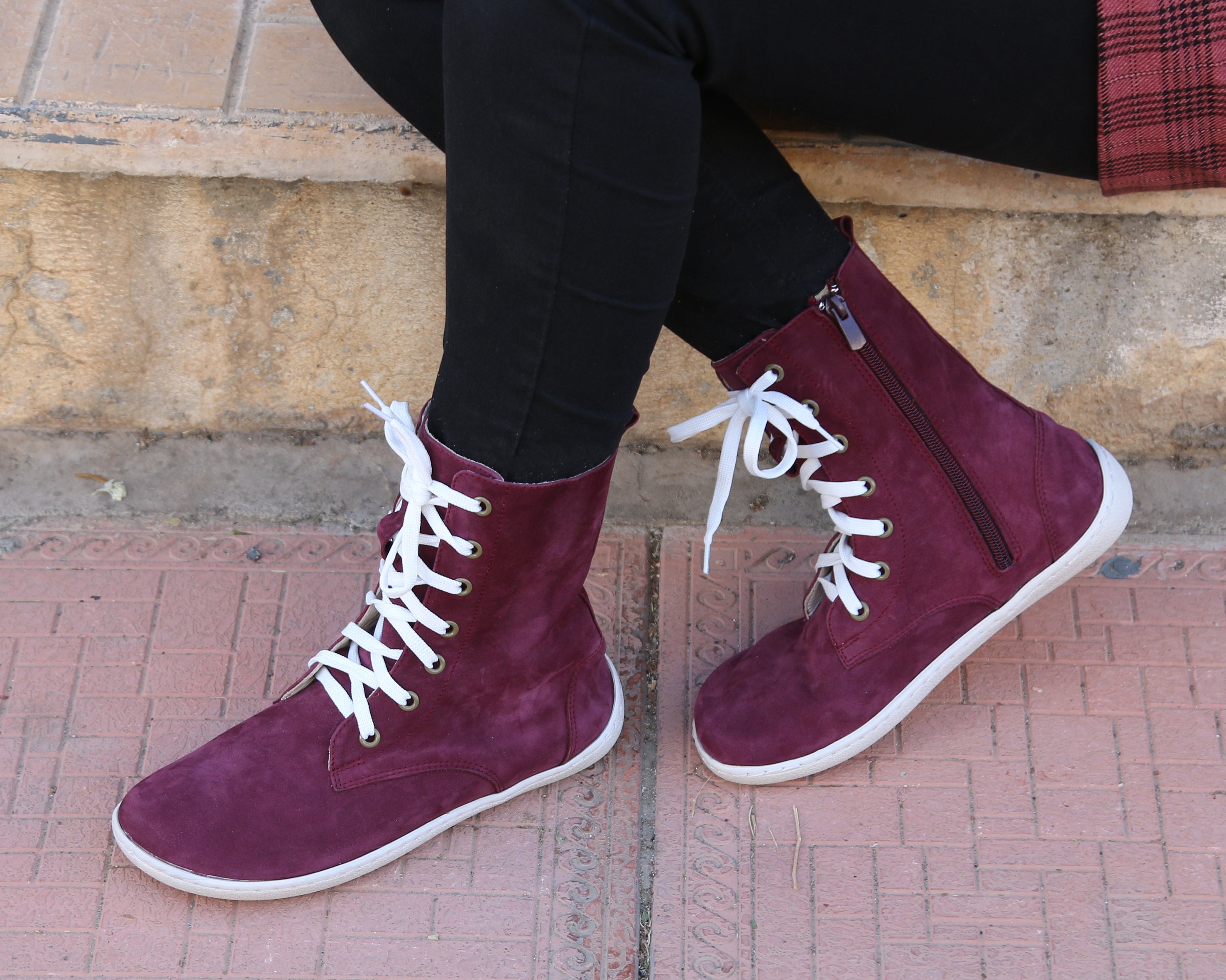 Burgundy Long Zipper Boots Wide Barefoot Shoes Nubuck Leather Handmade Rubber Outsole