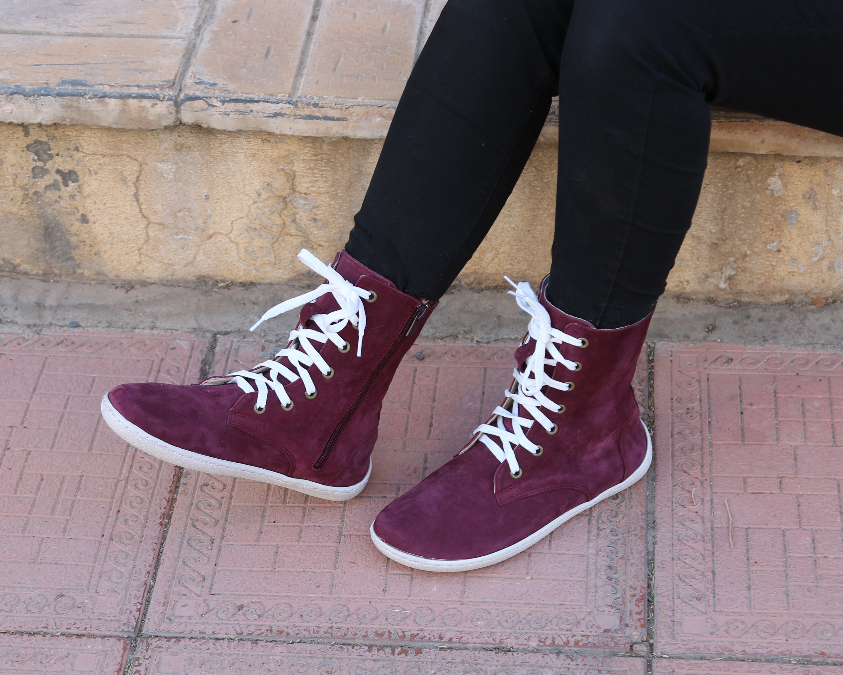 Burgundy Long Zipper Boots Wide Barefoot Shoes Nubuck Leather Handmade Rubber Outsole