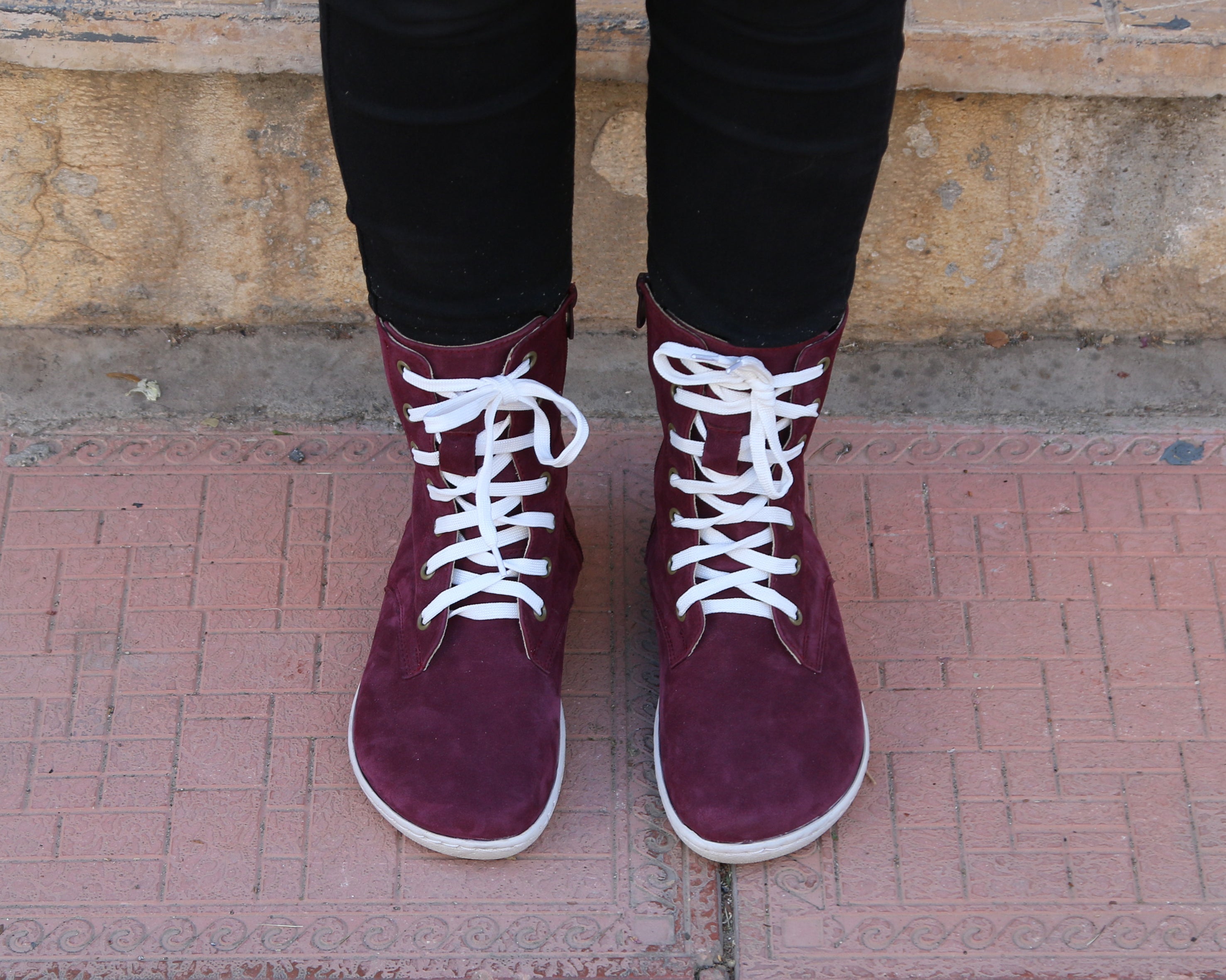 Burgundy Long Zipper Boots Wide Barefoot Shoes Nubuck Leather Handmade Rubber Outsole 