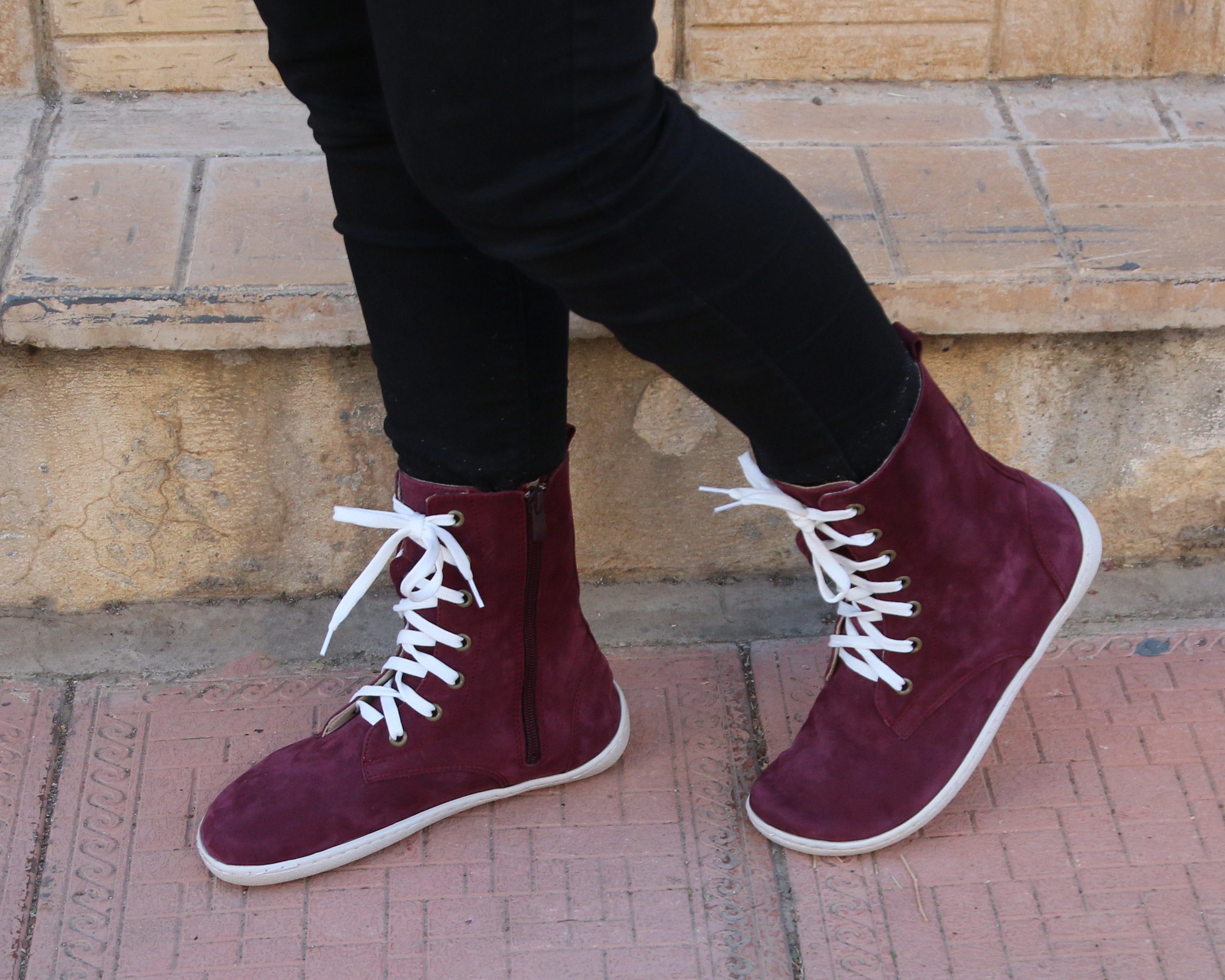 Burgundy Long Zipper Boots Wide Barefoot Shoes Nubuck Leather Handmade Rubber Outsole