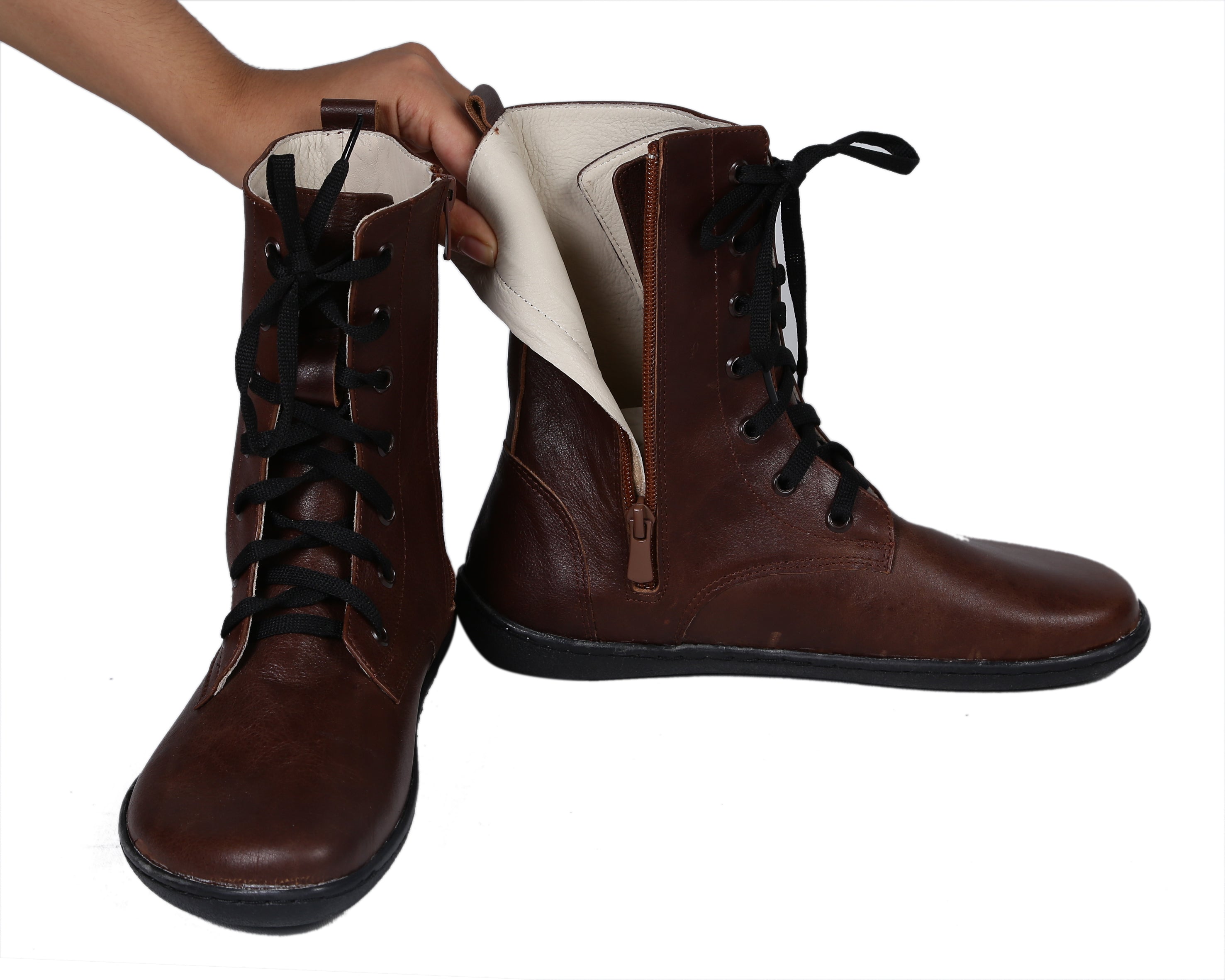 Dark Brown Long Zipper Boots Wide Barefoot Shoes Smooth Leather Handmade 6mm Rubber Outsole 