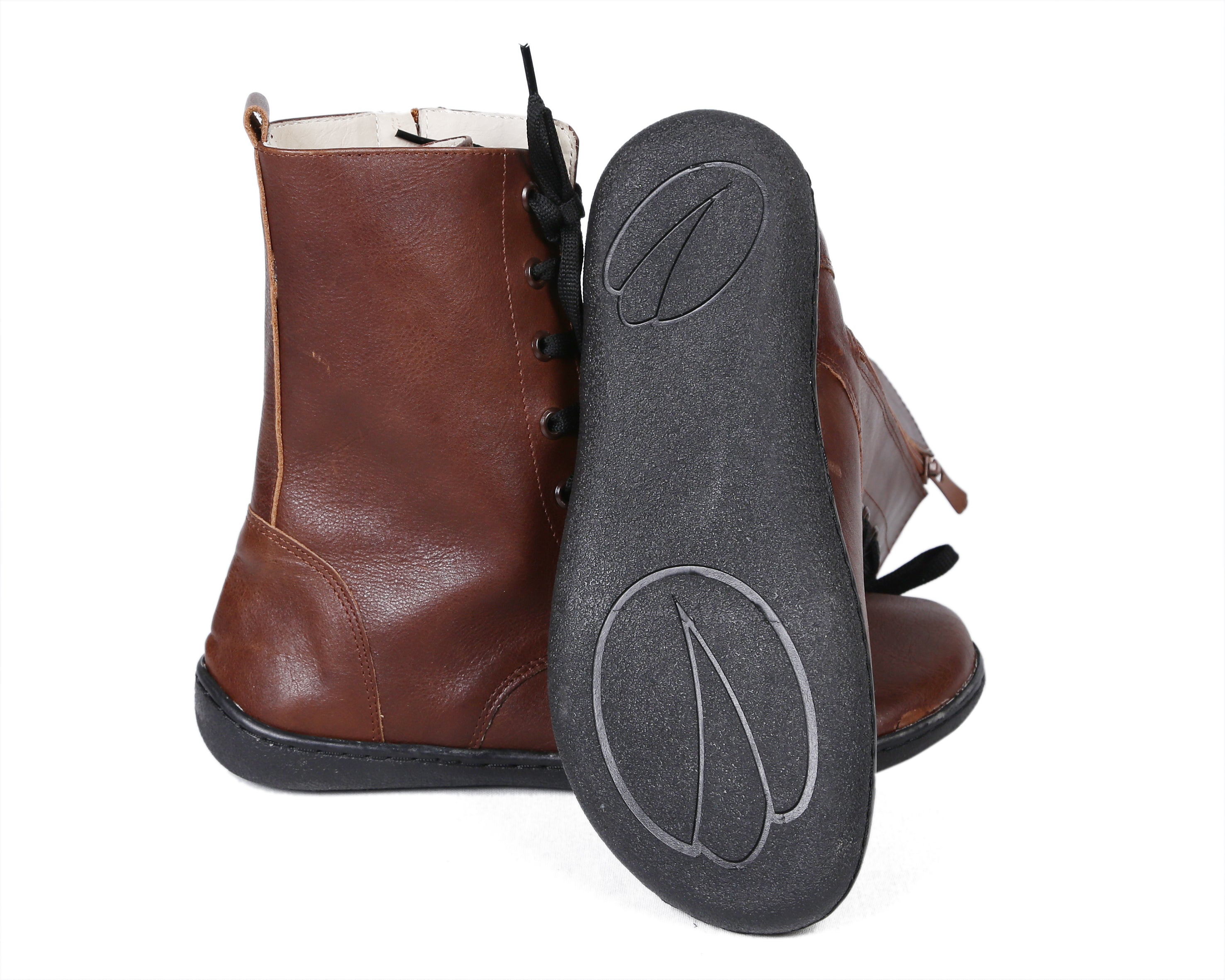 Dark Brown Long Zipper Boots Wide Barefoot Shoes Smooth Leather Handmade 6mm Rubber Outsole 