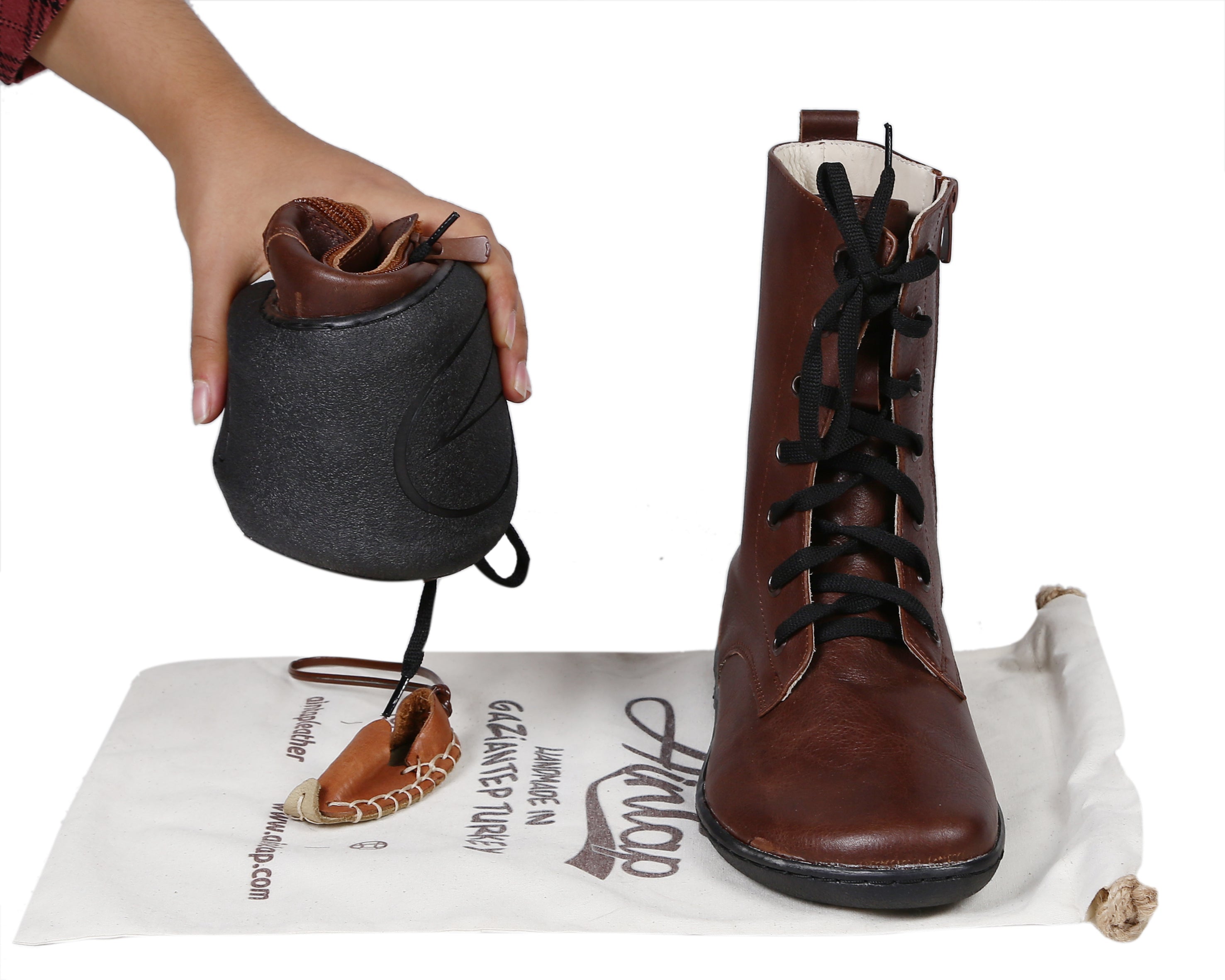 Dark Brown Long Zipper Boots Wide Barefoot Shoes Smooth Leather Handmade 6mm Rubber Outsole 