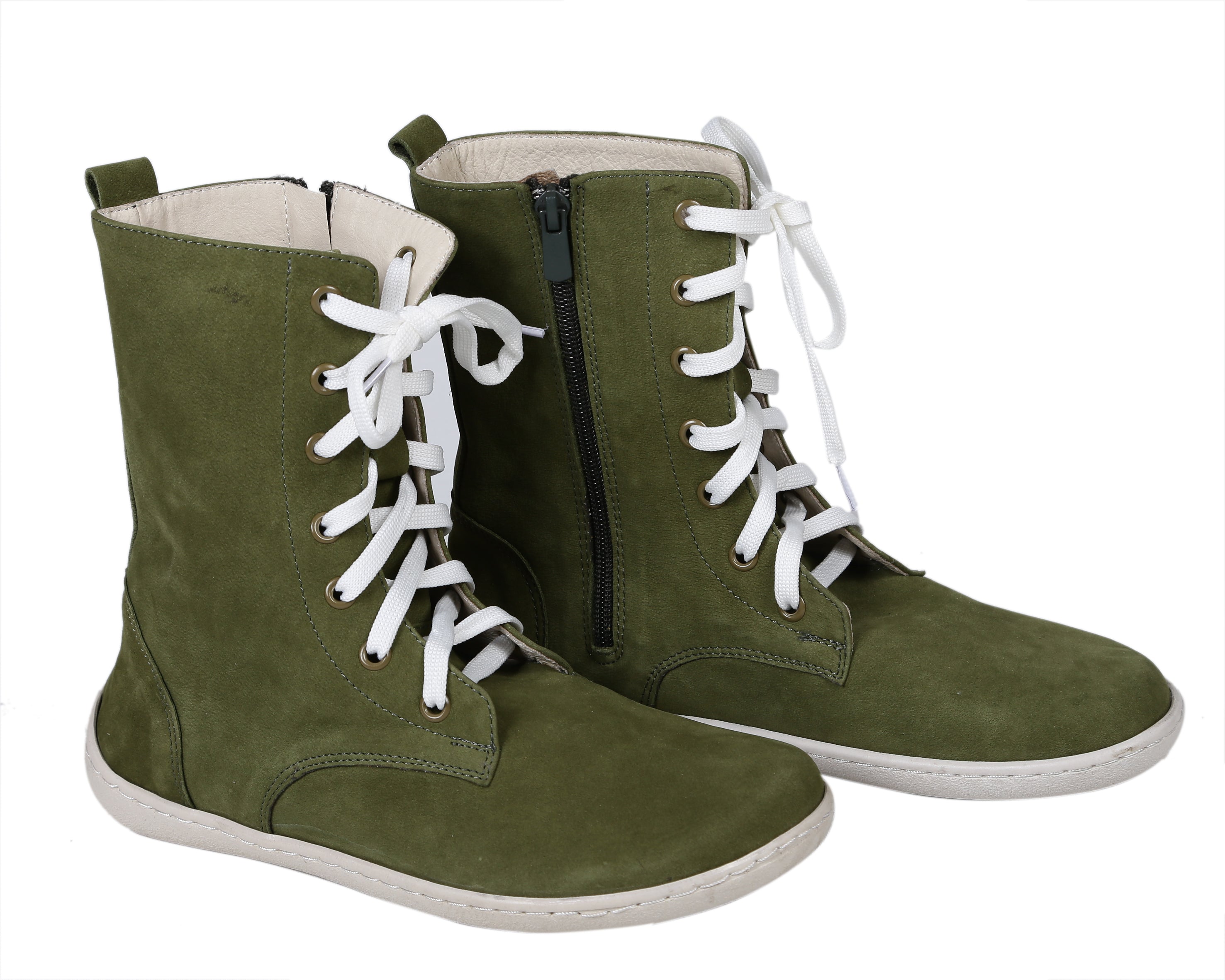 Green Long Zipper Boots Wide Barefoot Shoes Nubuck Leather Handmade Rubber Outsole 