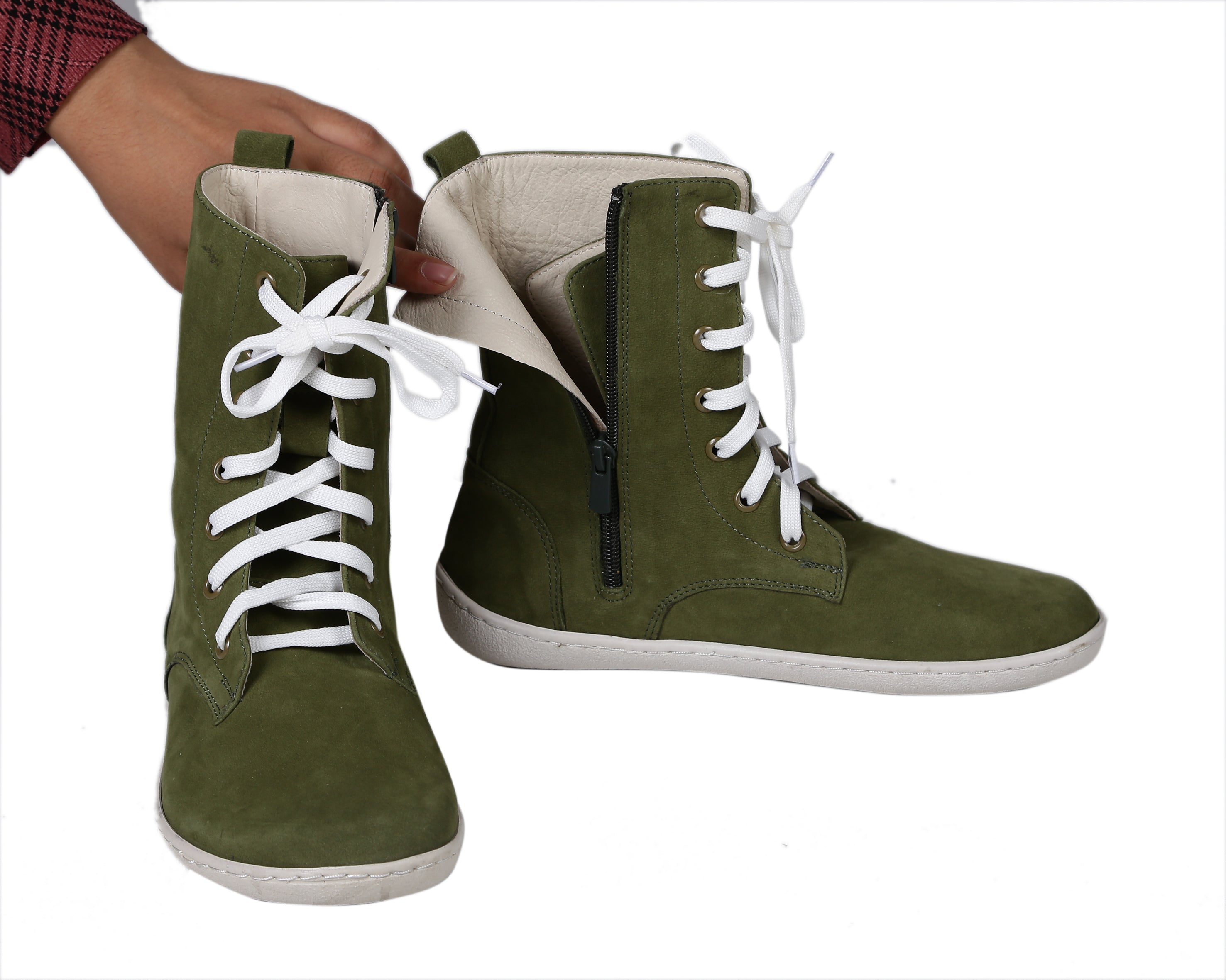 Green Long Zipper Boots Wide Barefoot Shoes Nubuck Leather Handmade Rubber Outsole