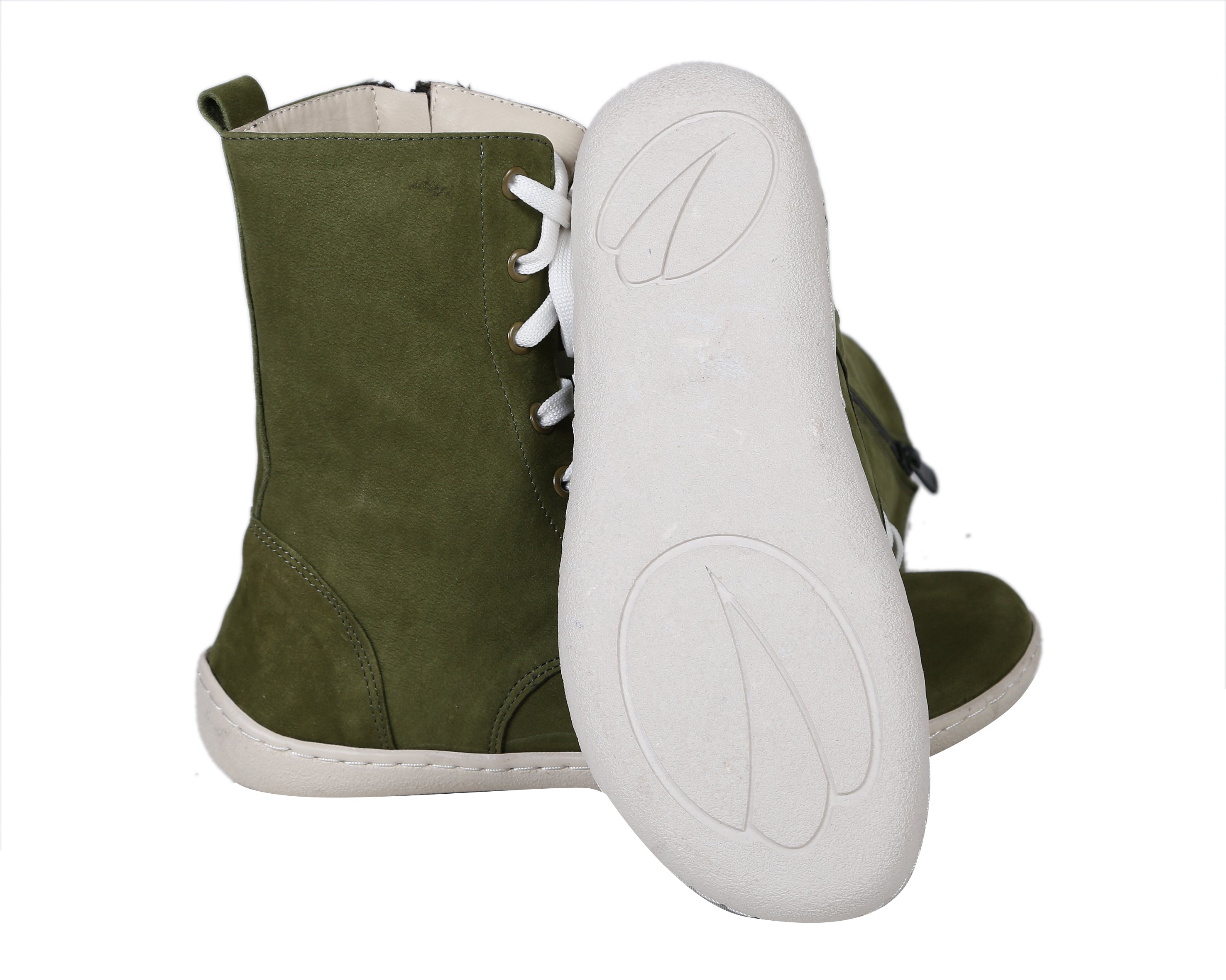 Green Long Zipper Boots Wide Barefoot Shoes Nubuck Leather Handmade Rubber Outsole