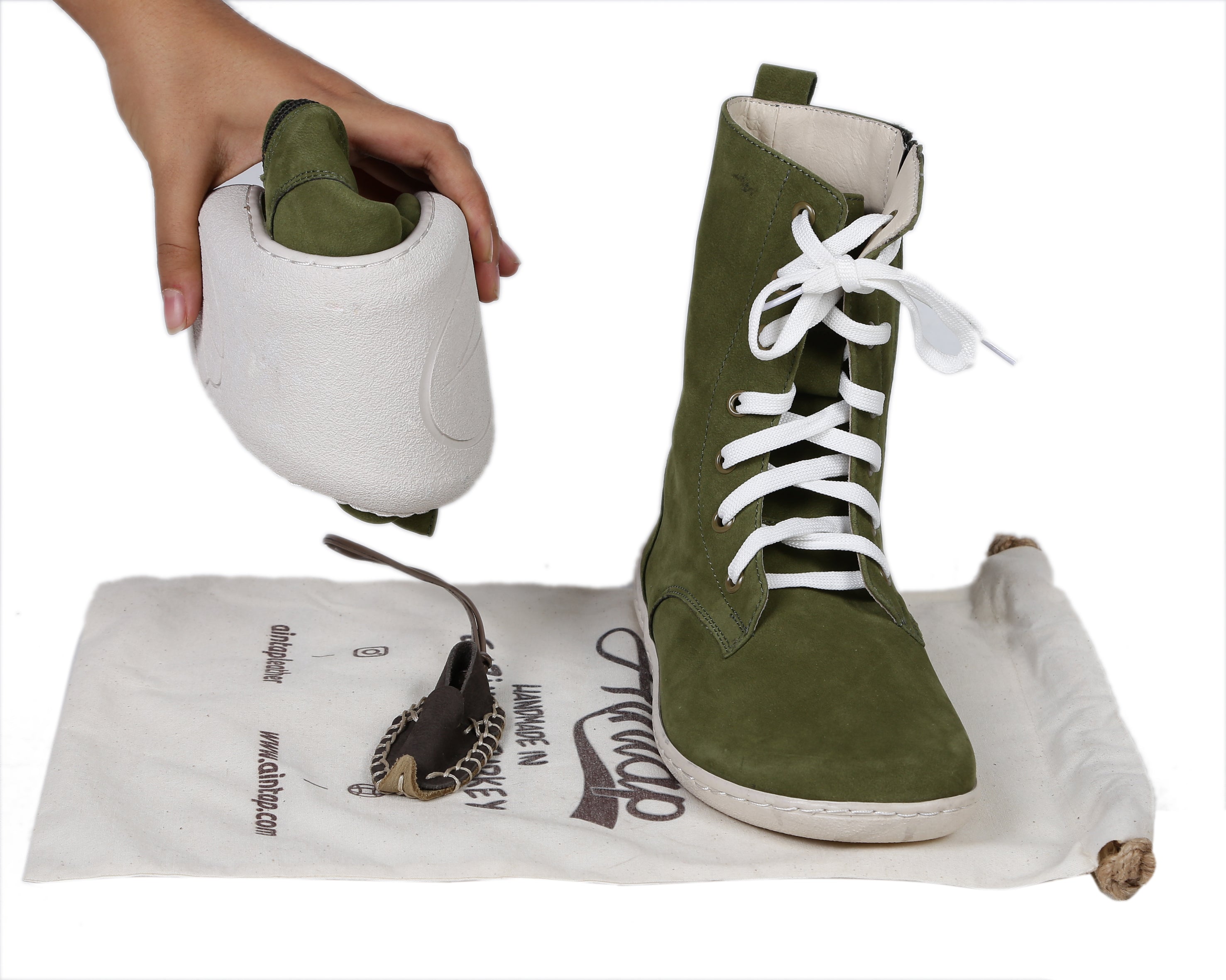 Green Long Zipper Boots Wide Barefoot Shoes Nubuck Leather Handmade Rubber Outsole 