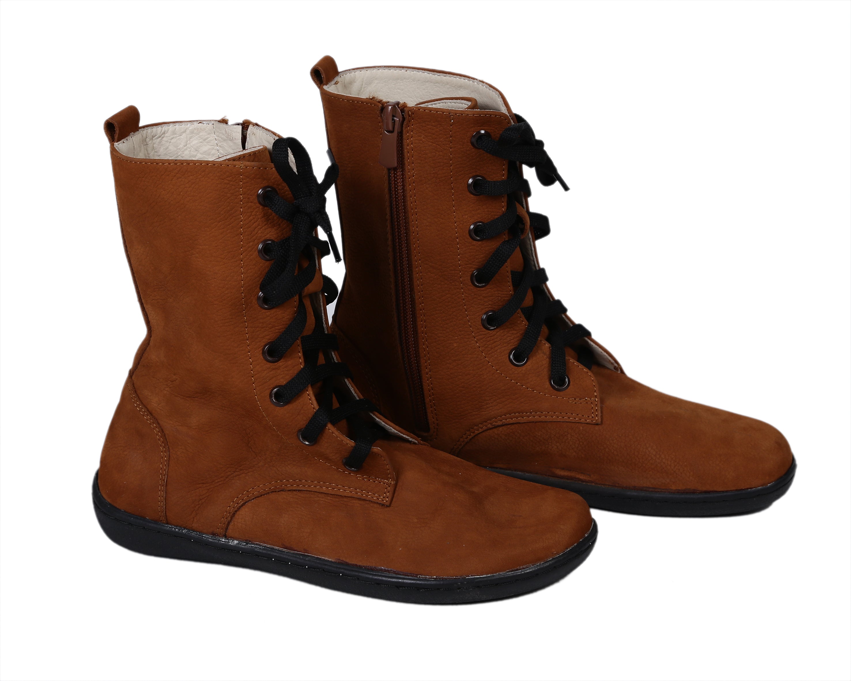 Tan Long Zipper Boots Wide Barefoot Shoes Nubuck Leather Handmade Rubber Outsole 