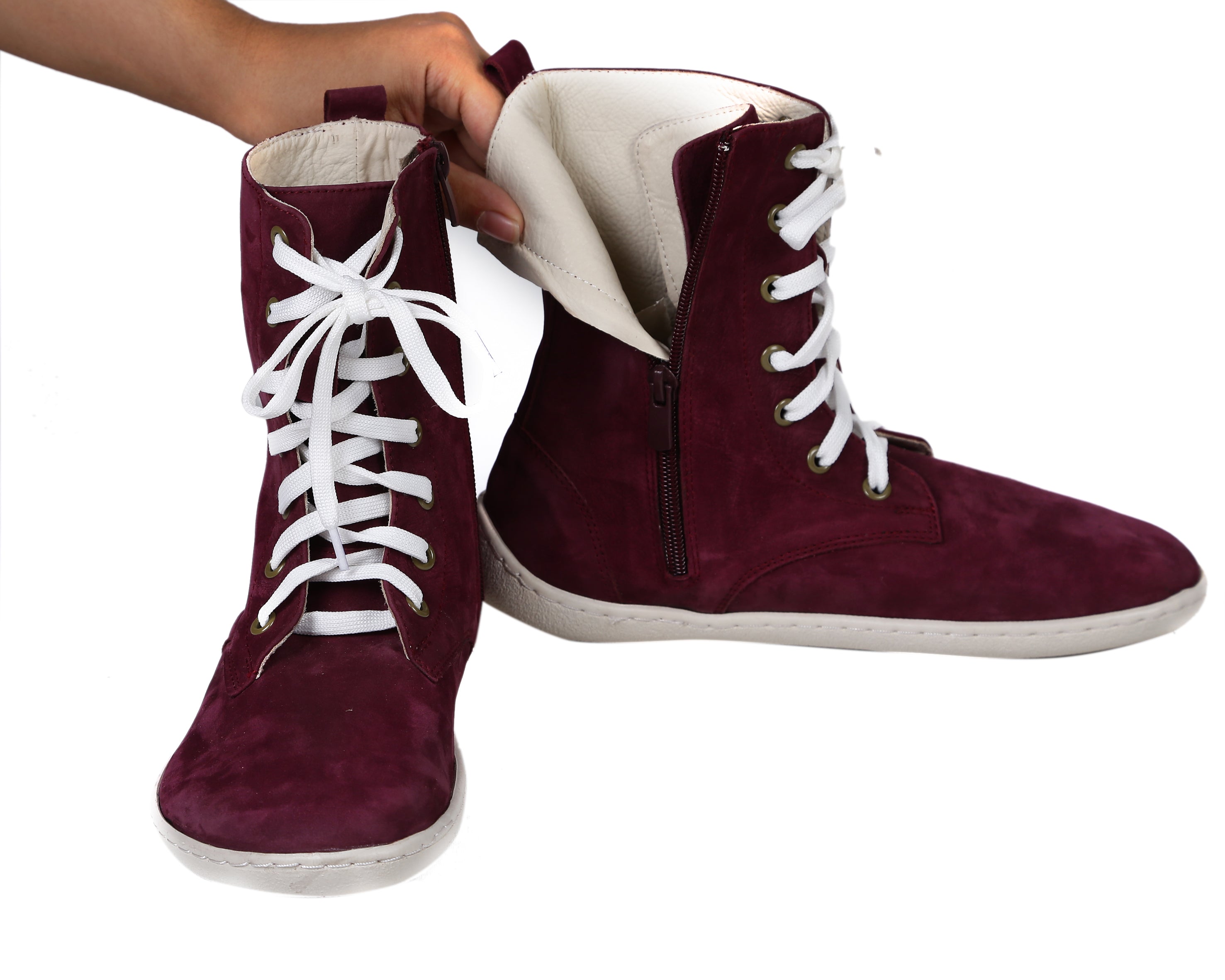 Burgundy Long Zipper Boots Wide Barefoot Shoes Nubuck Leather Handmade Rubber Outsole