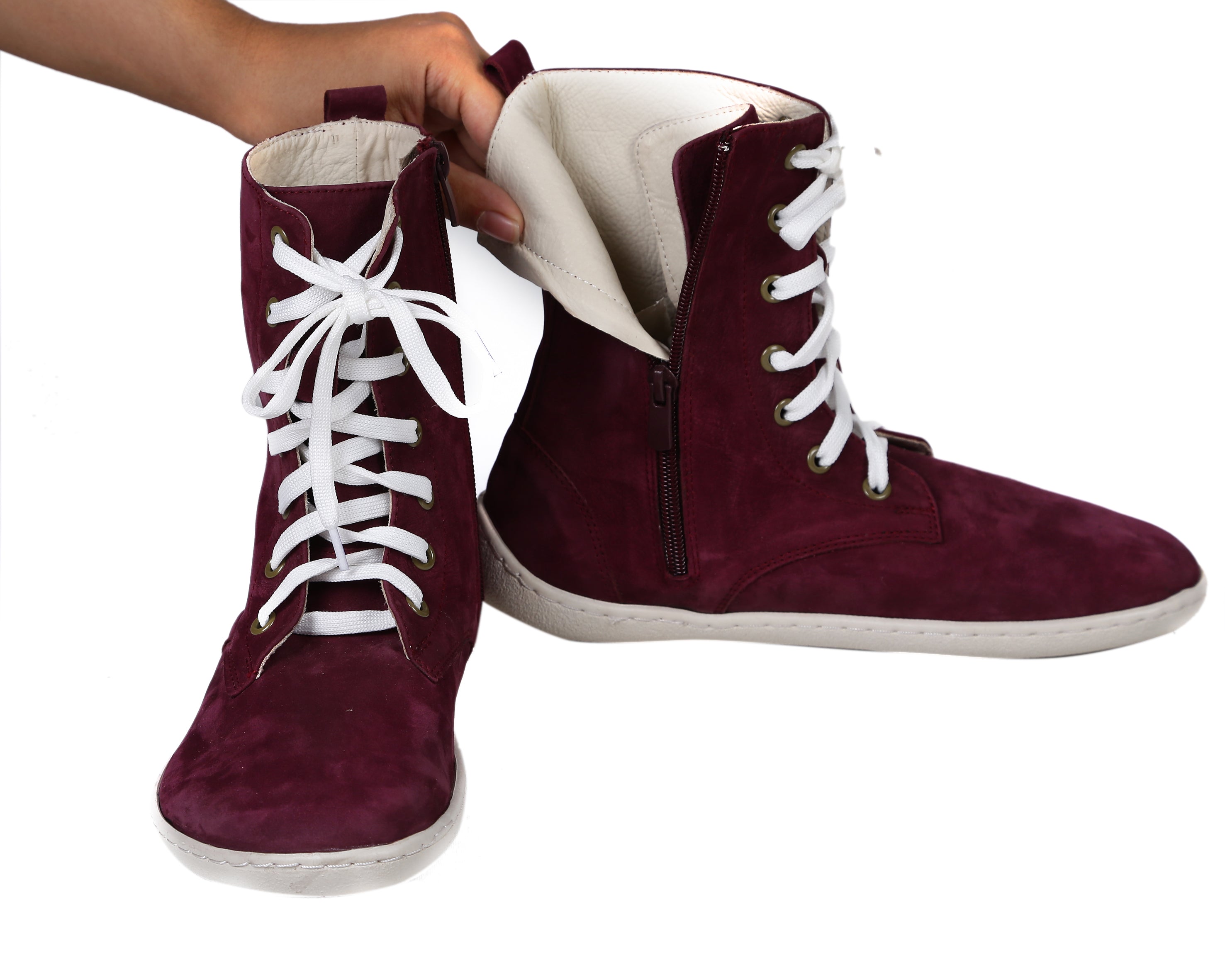 Burgundy Long Zipper Boots Wide Barefoot Shoes Nubuck Leather Handmade Rubber Outsole 