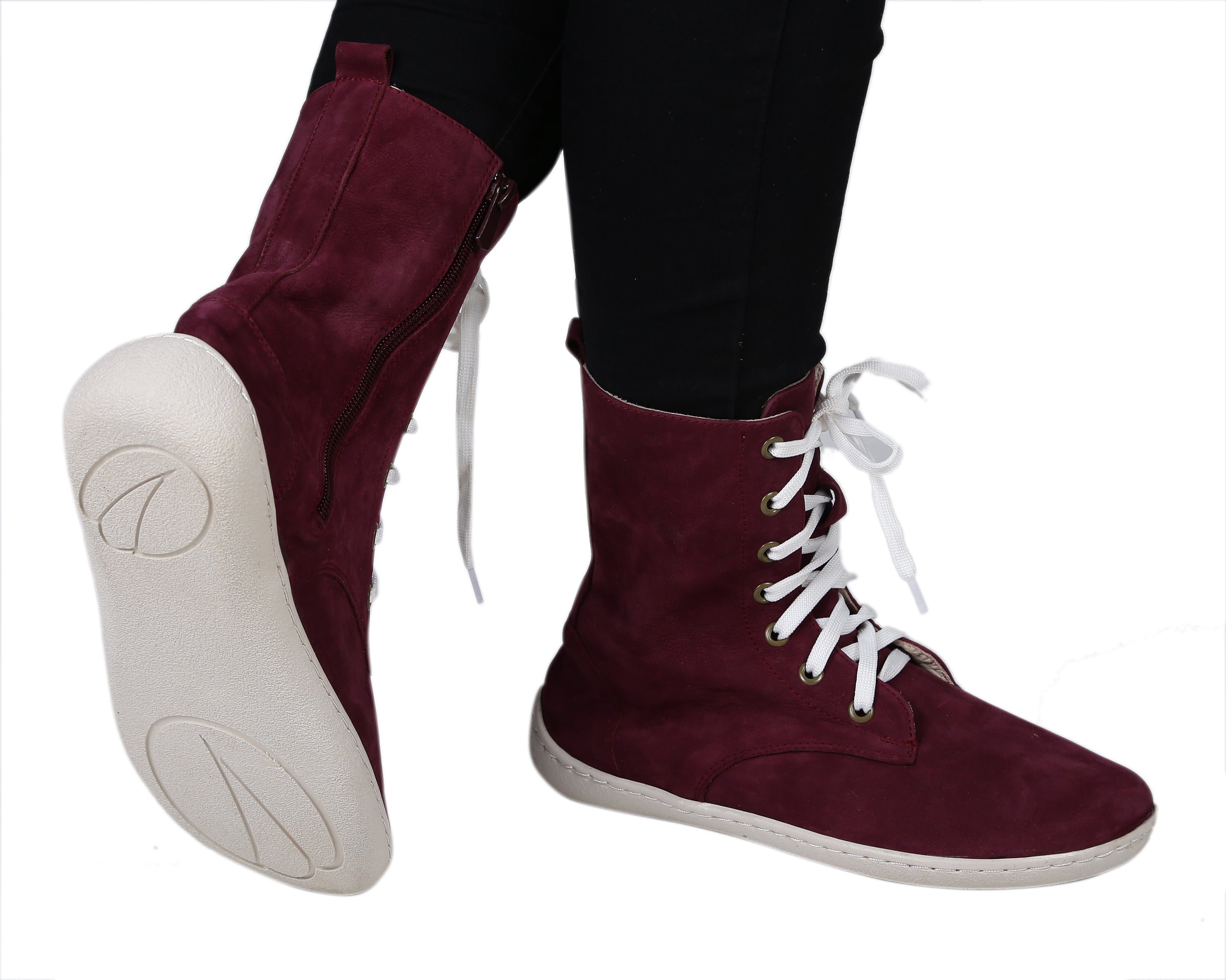 Burgundy Long Zipper Boots Wide Barefoot Shoes Nubuck Leather Handmade Rubber Outsole 