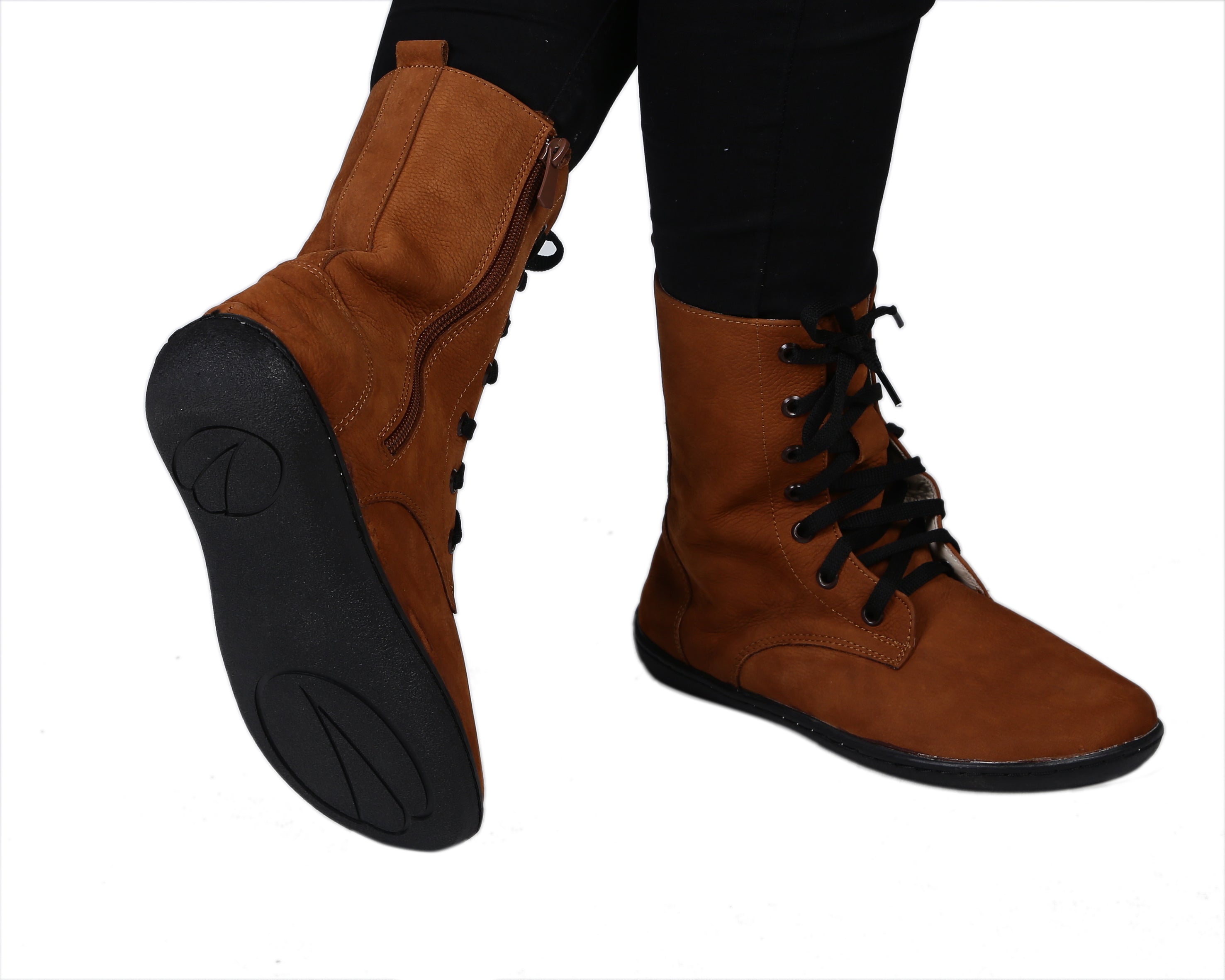 Tan Long Zipper Boots Wide Barefoot Shoes Nubuck Leather Handmade Rubber Outsole 