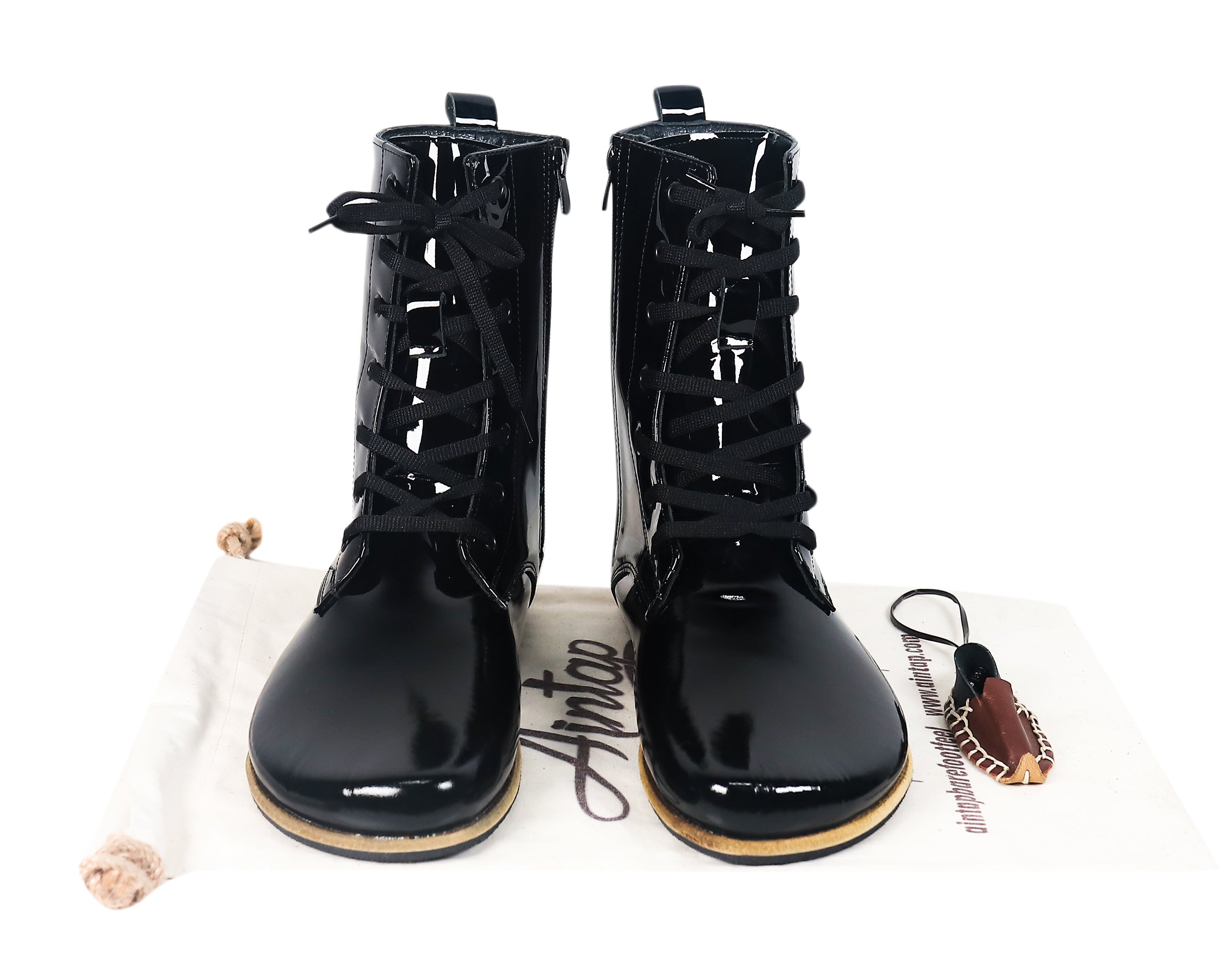 Black Long Boots Wide Barefoot Patent Leather Handmade Shoes