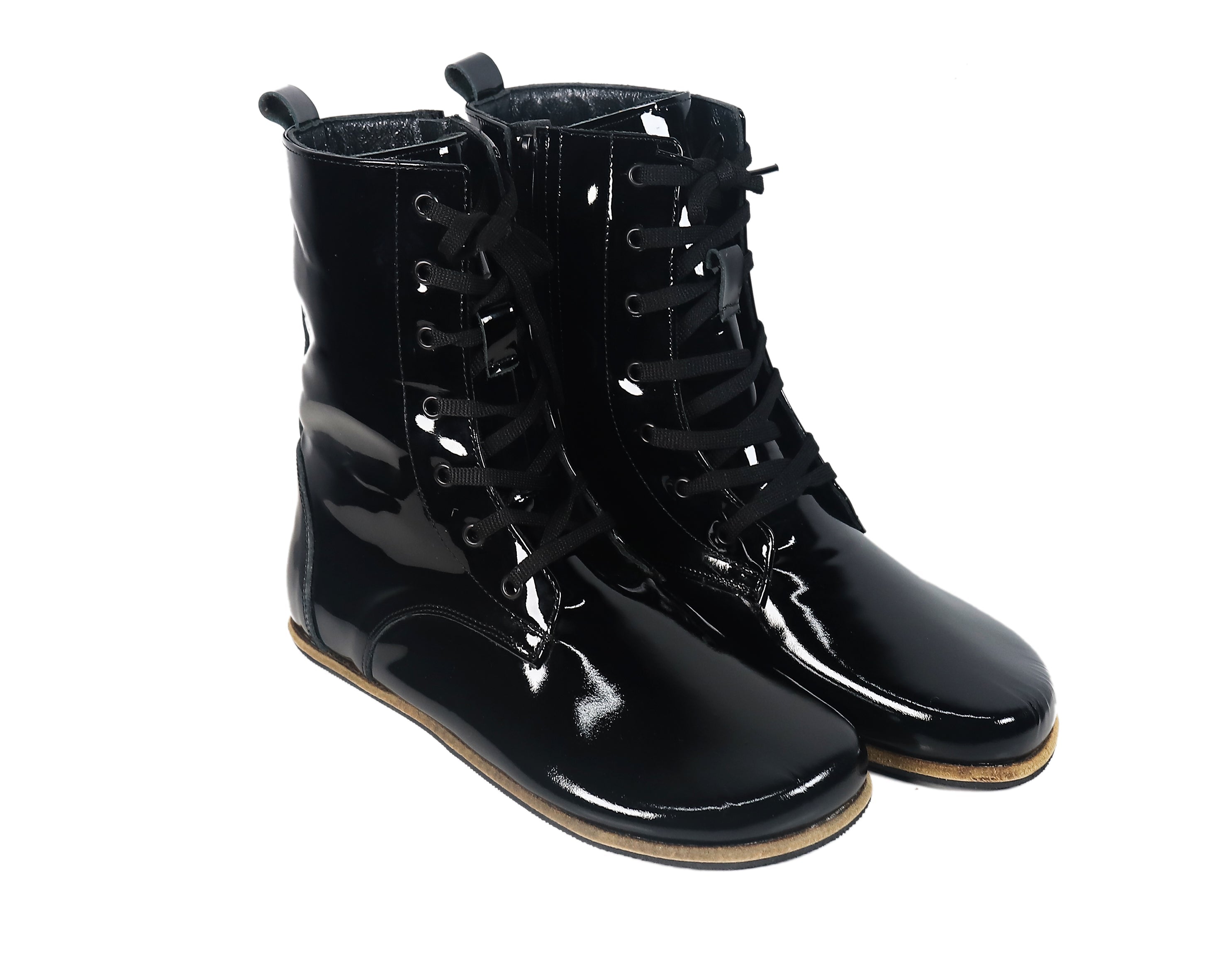 Black Long Boots Wide Barefoot Patent Leather Handmade Shoes Long Boots Leather Outsole