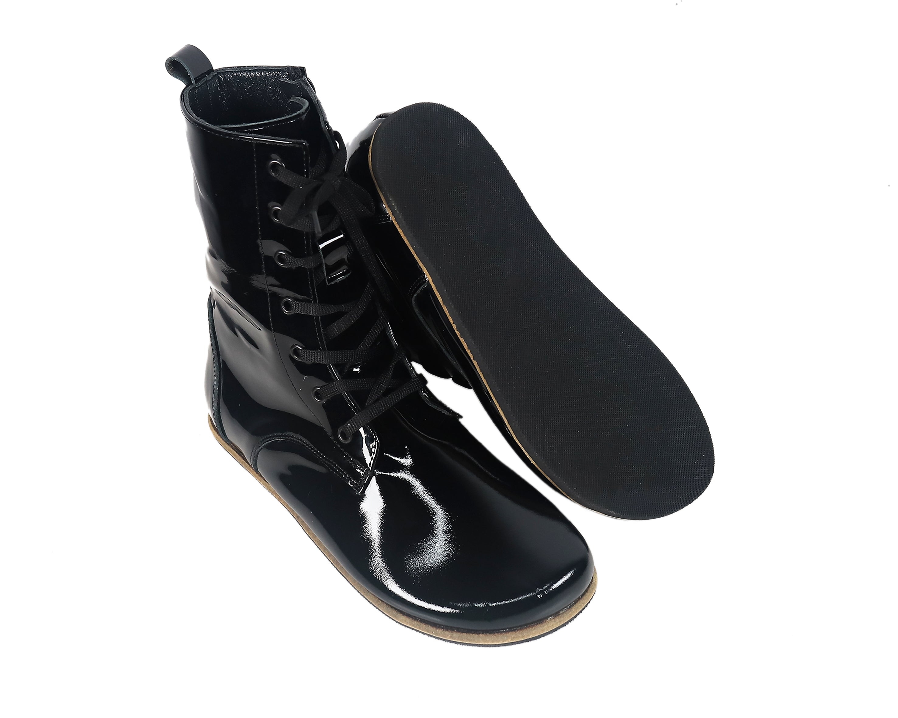 Black Long Boots Wide Barefoot Patent Leather Handmade Shoes