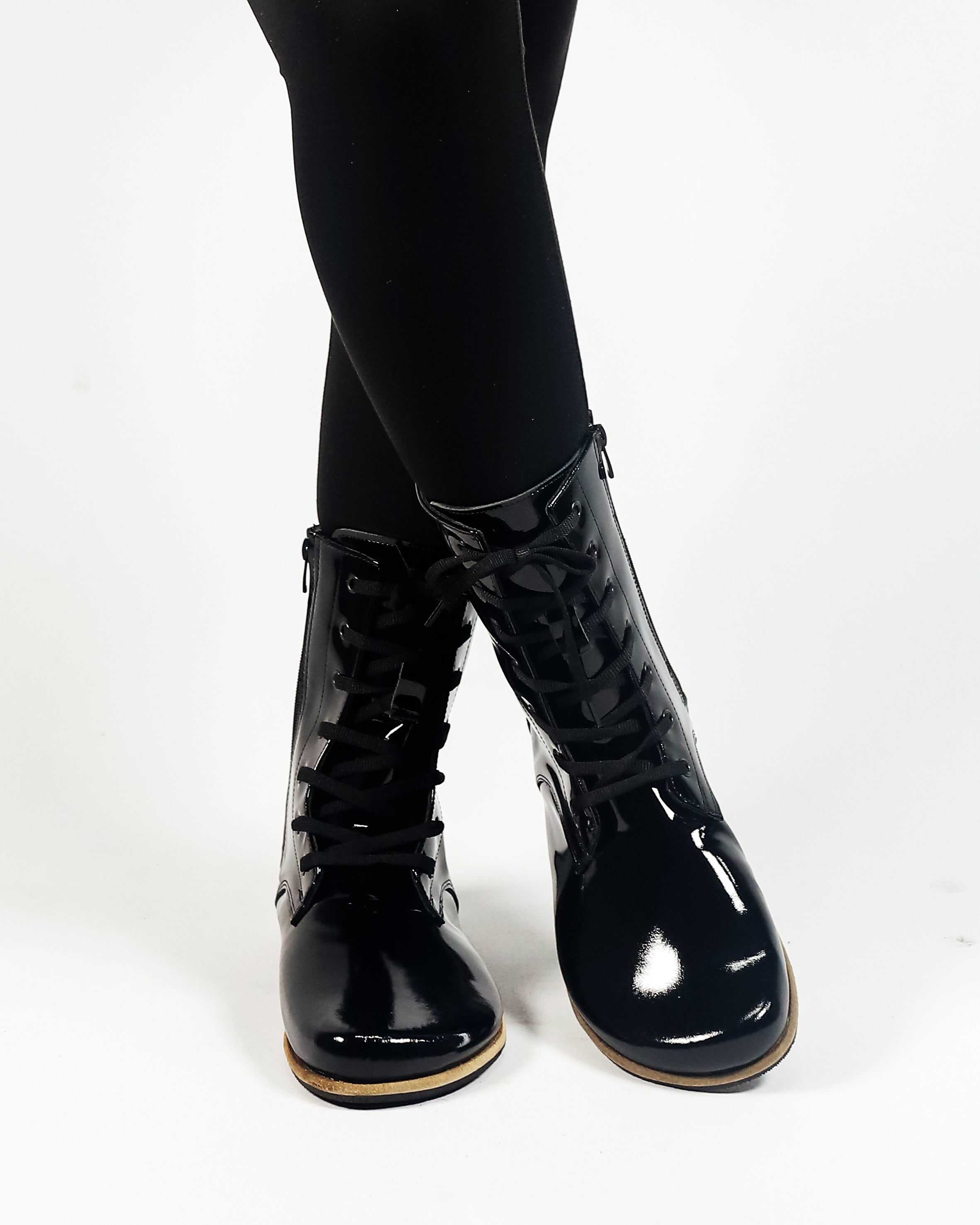 Black Long Boots Wide Barefoot Patent Leather Handmade Shoes