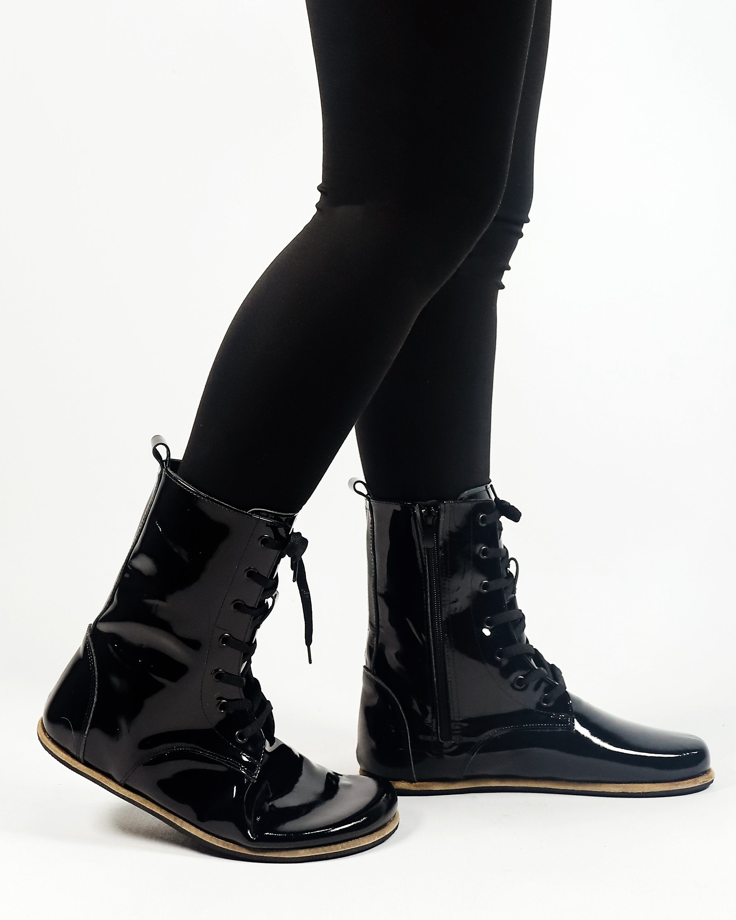 Black Long Boots Wide Barefoot Patent Leather Handmade Shoes