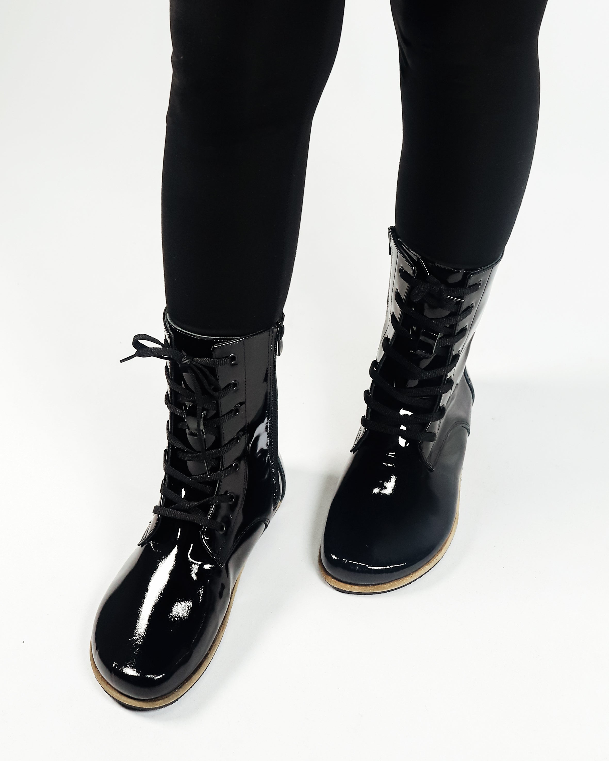 Black Long Boots Wide Barefoot Patent Leather Handmade Shoes