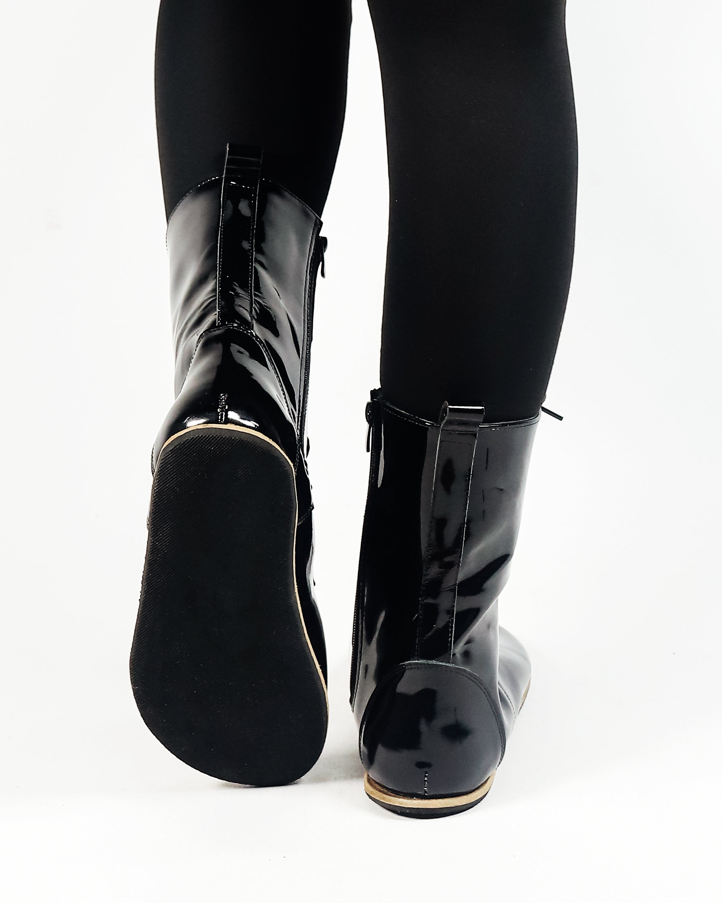 Black Long Boots Wide Barefoot Patent Leather Handmade Shoes