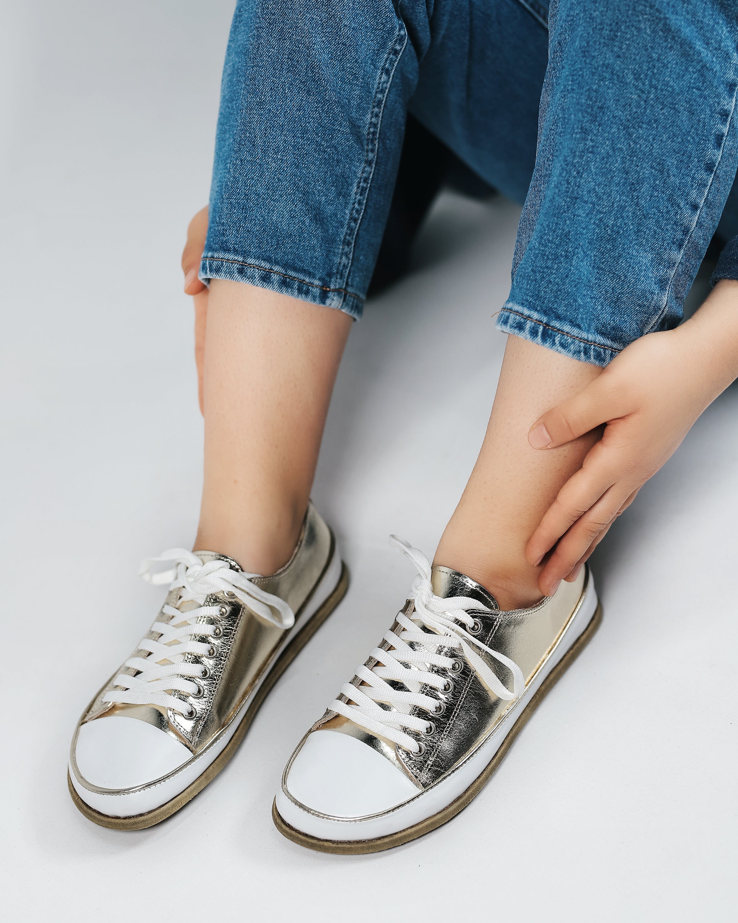 Gold Converse Style Wide Barefoot Smooth Leather Handmade Shoes 