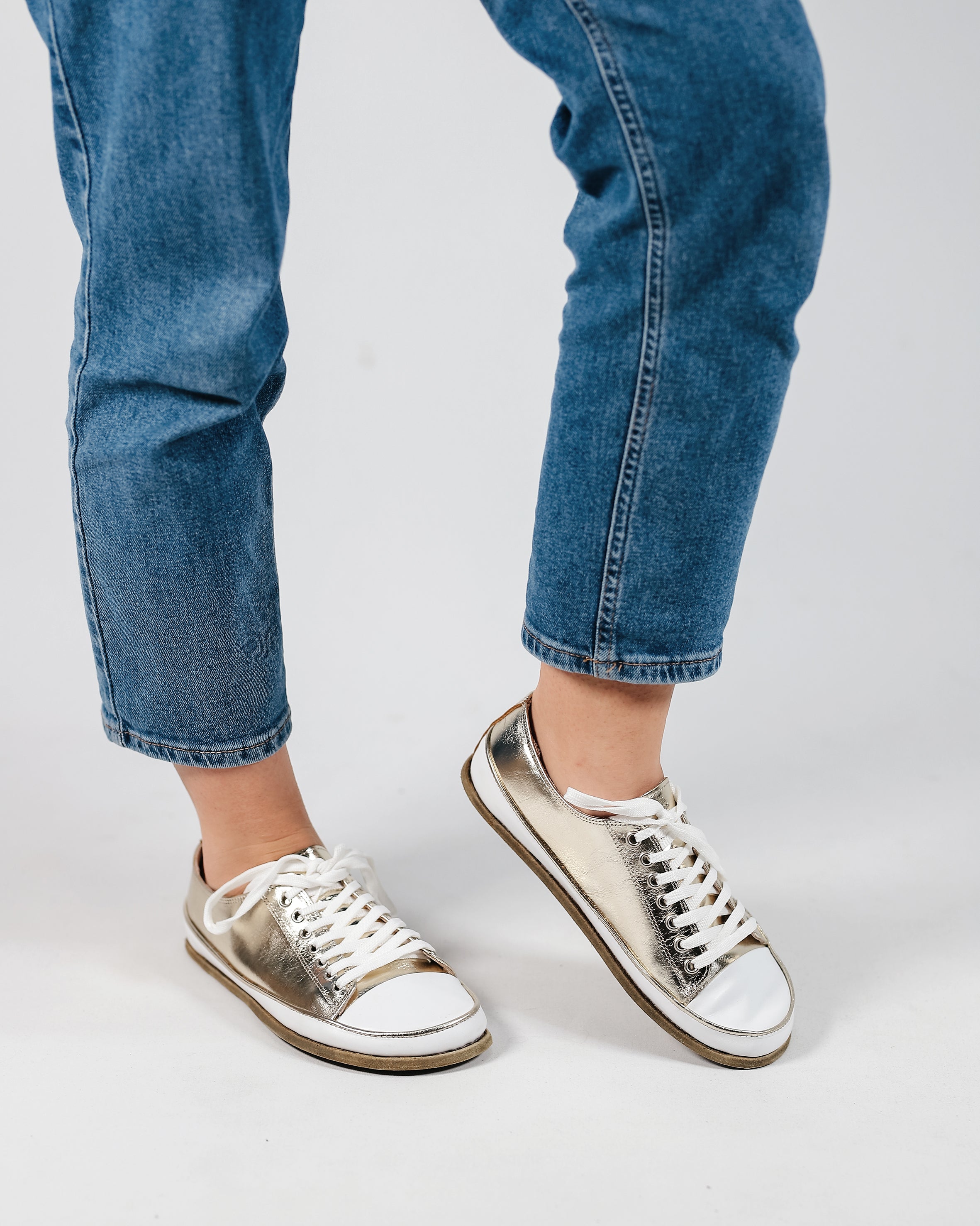 Gold Converse Style Wide Barefoot Smooth Leather Handmade Shoes 