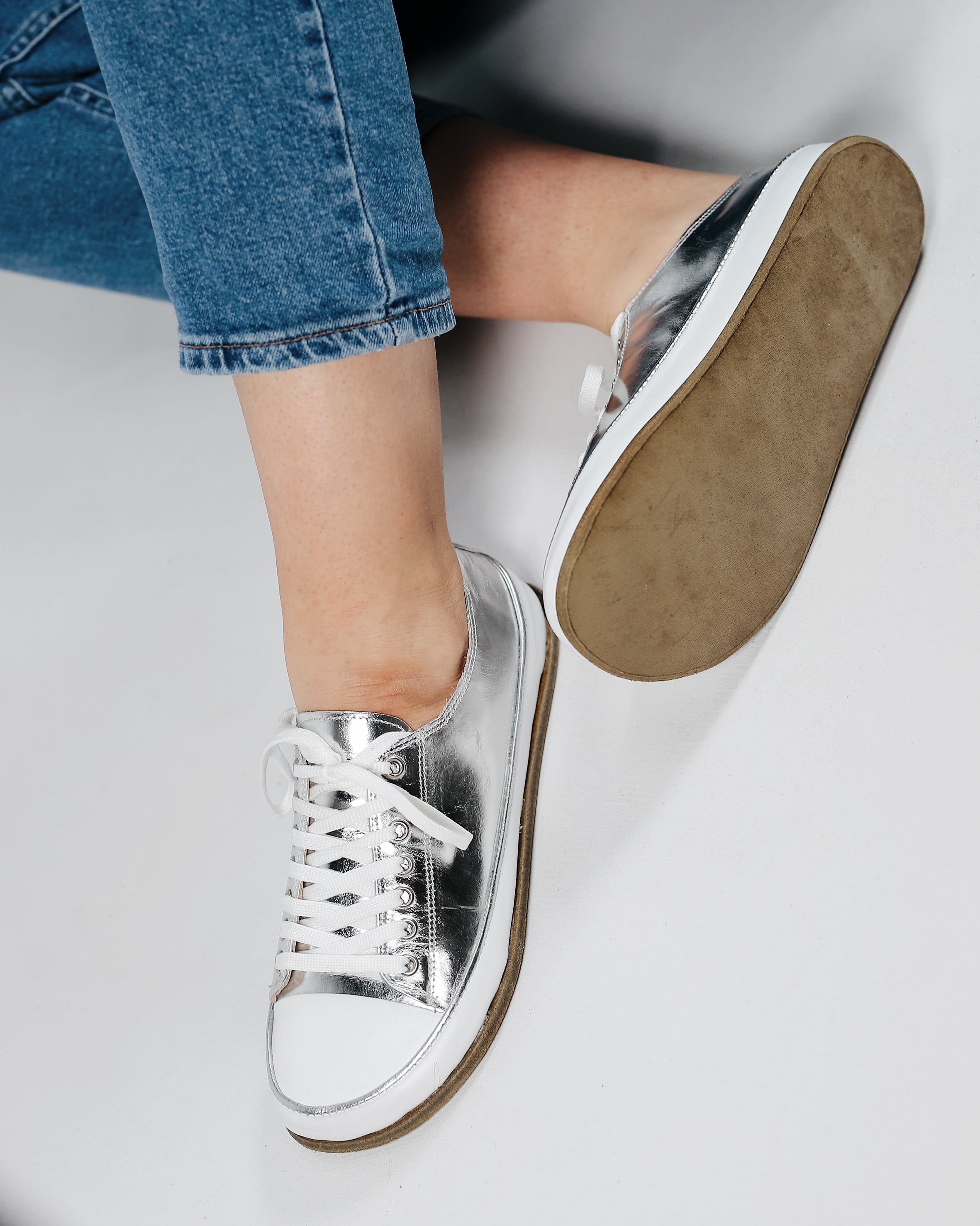 Silver Converse Style Wide Barefoot Smooth Leather Handmade Shoes 