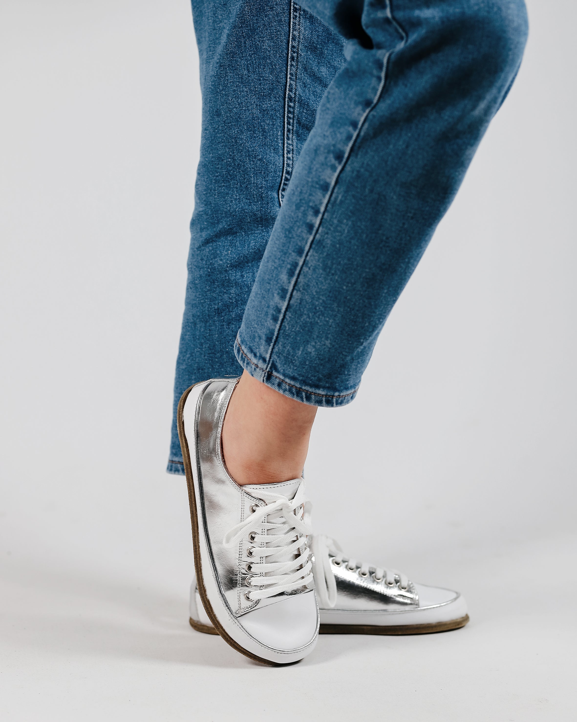 Silver Converse Style Wide Barefoot Smooth Leather Handmade Shoes 