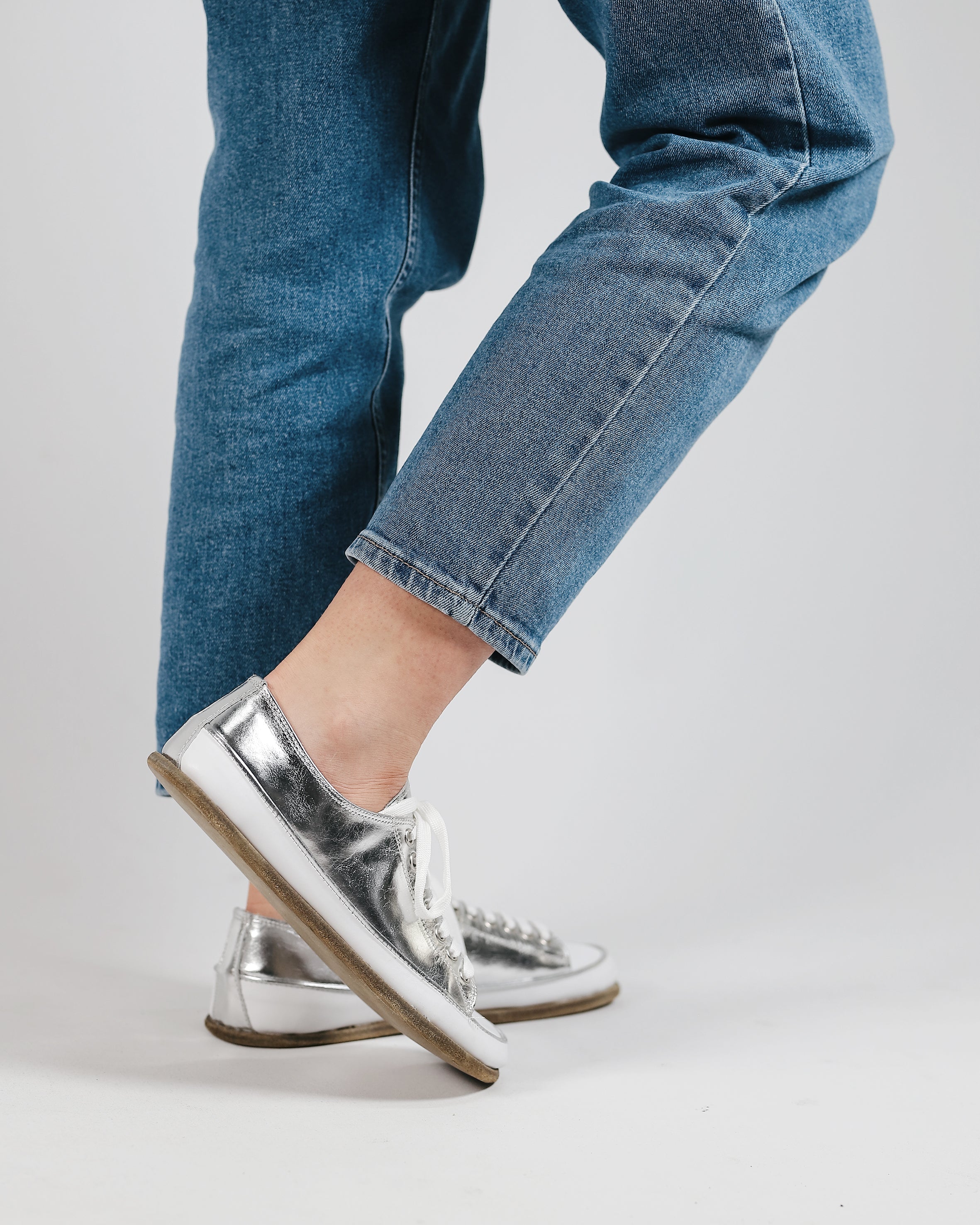 Silver Converse Style Wide Barefoot Smooth Leather Handmade Shoes 