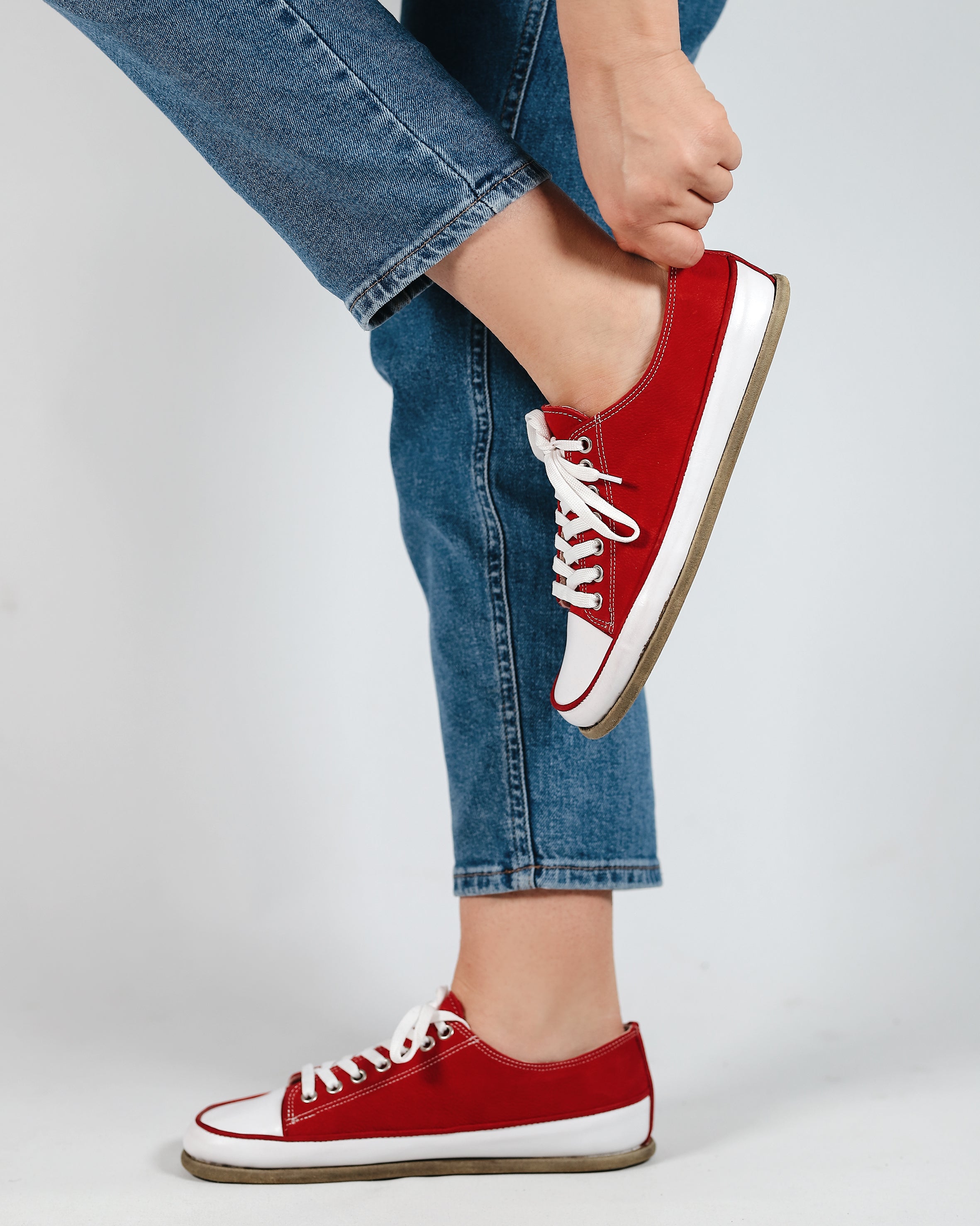 Red Converse Style Wide Barefoot Nubuck Leather Handmade Shoes