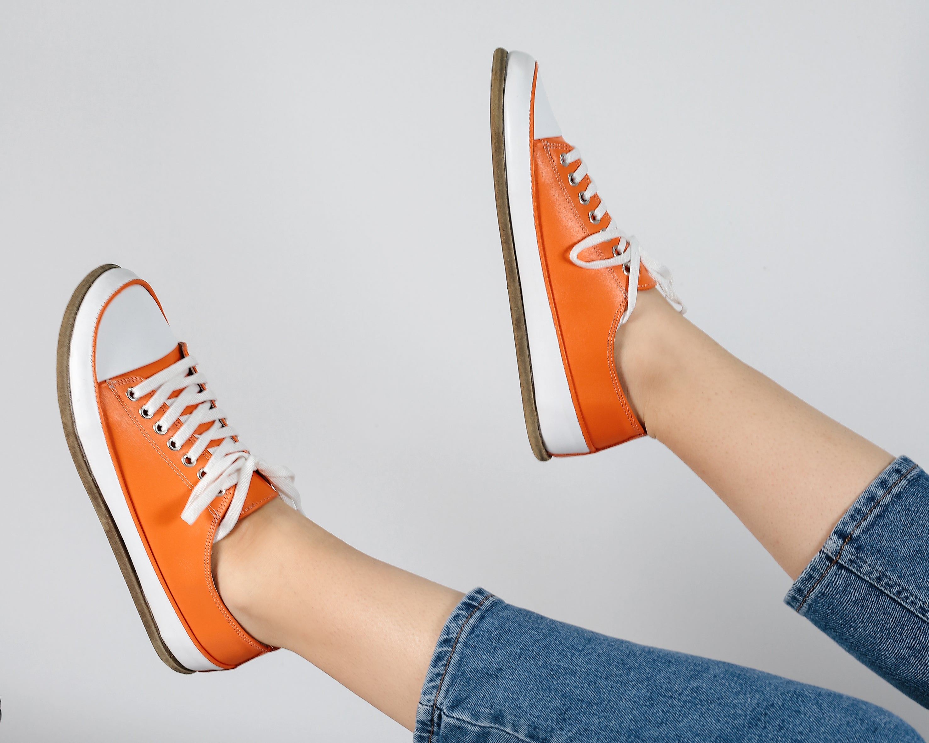 Orange Converse Style Wide Barefoot Smooth Leather Handmade Shoes 