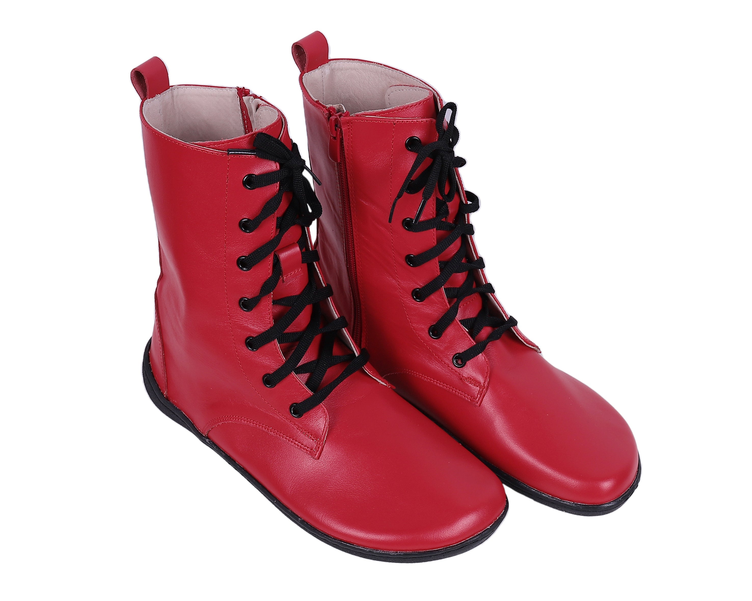 Red Long Zipper Boots Wide Barefoot Shoes Smooth Leather Handmade 6mm Rubber Outsole 