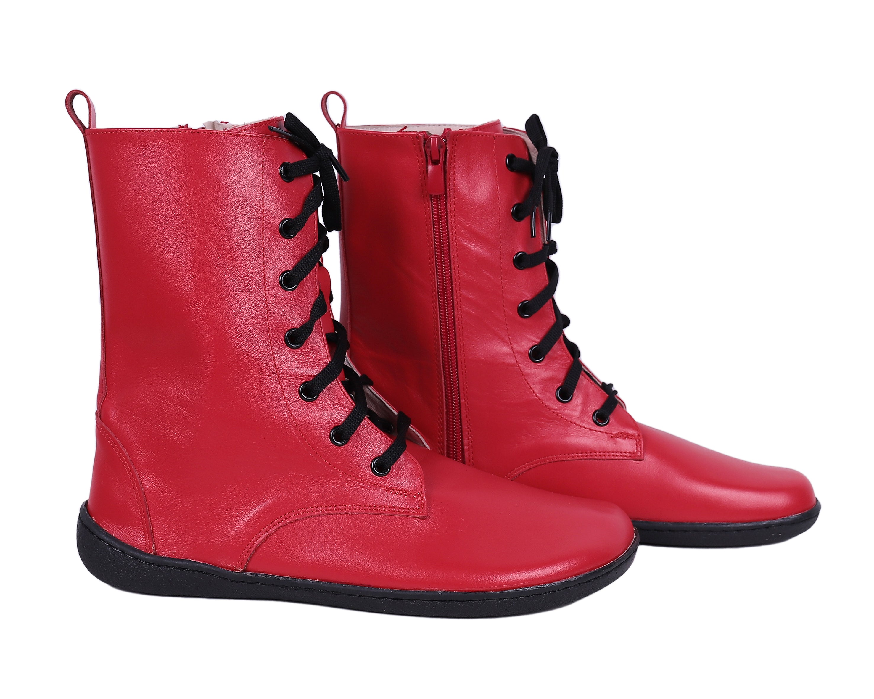 Red Long Zipper Boots Wide Barefoot Shoes Smooth Leather Handmade 6mm Rubber Outsole