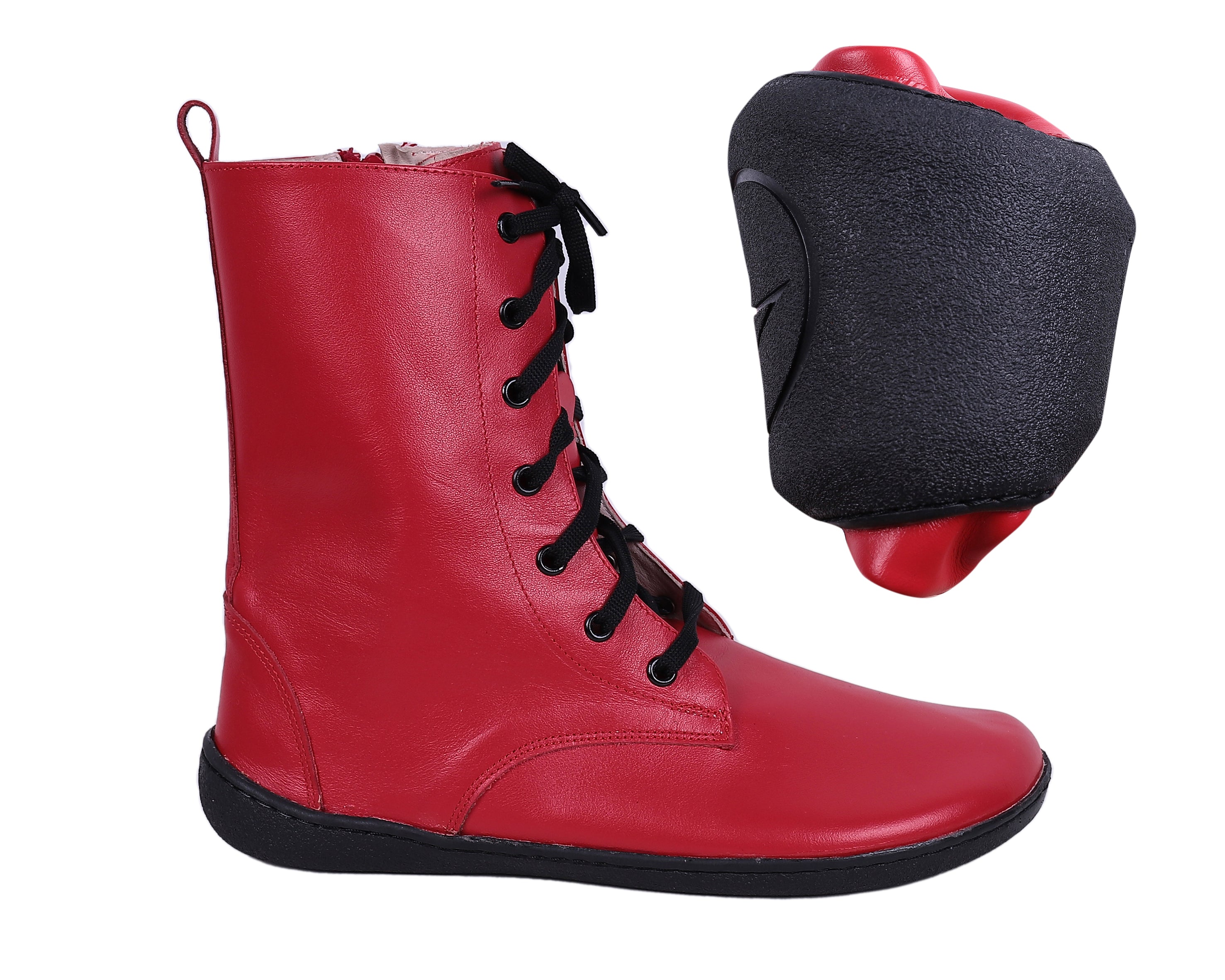 Red Long Zipper Boots Wide Barefoot Shoes Smooth Leather Handmade 6mm Rubber Outsole