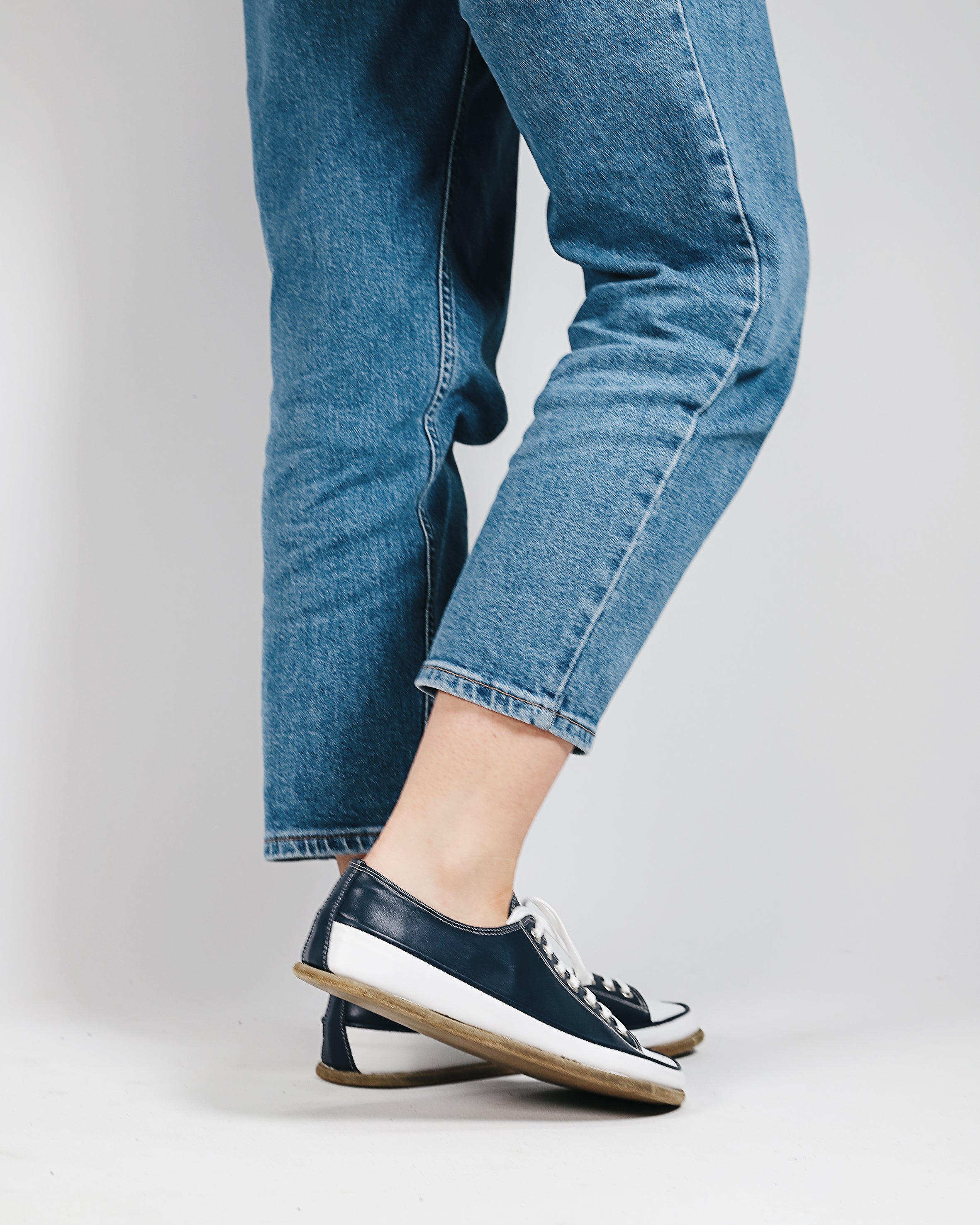 Navy Blue Converse Style Wide Barefoot Smooth Leather Handmade Shoes 