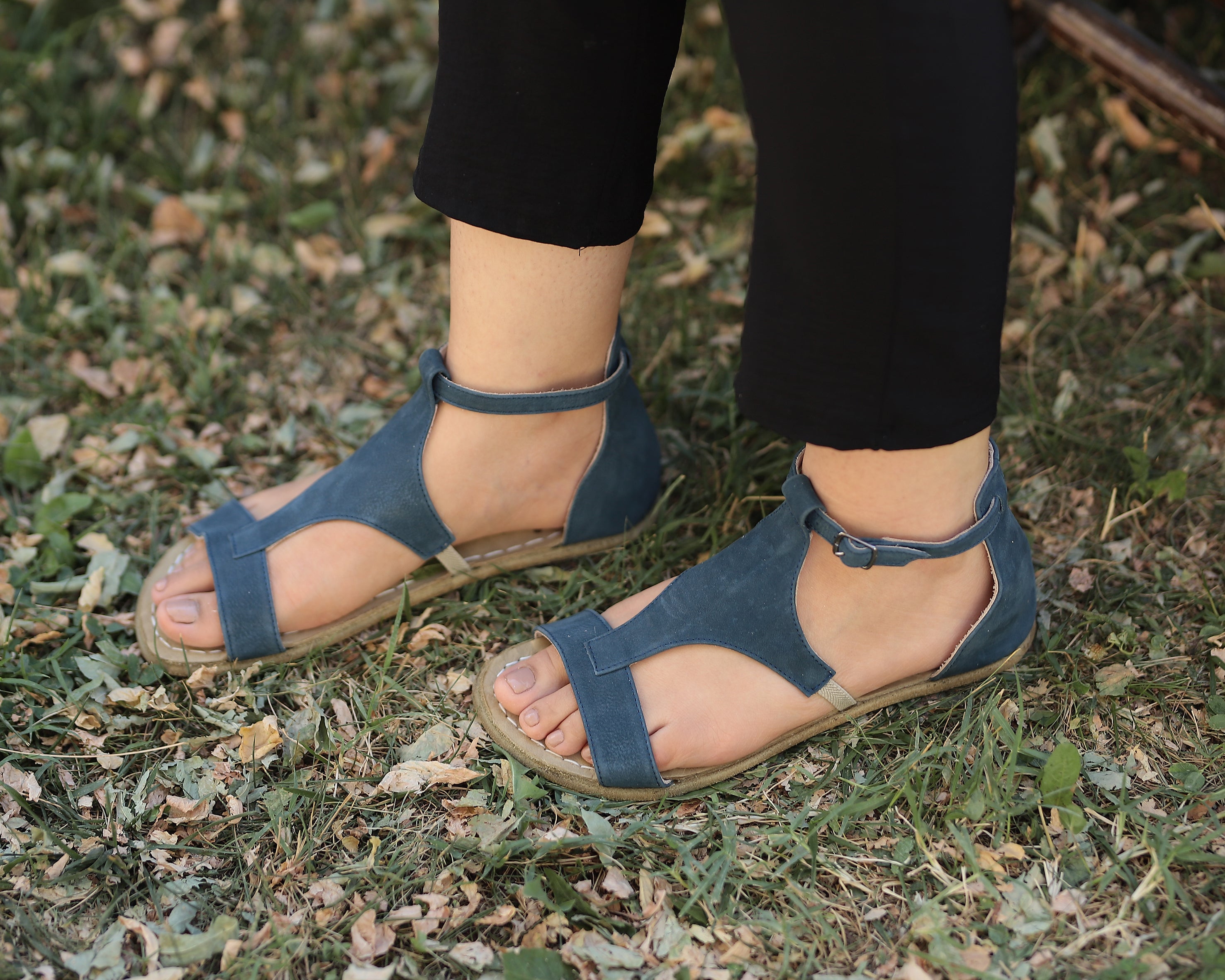 Jeans Women Buckle Slipper Wide Barefoot Nubuck Leather Handmade 