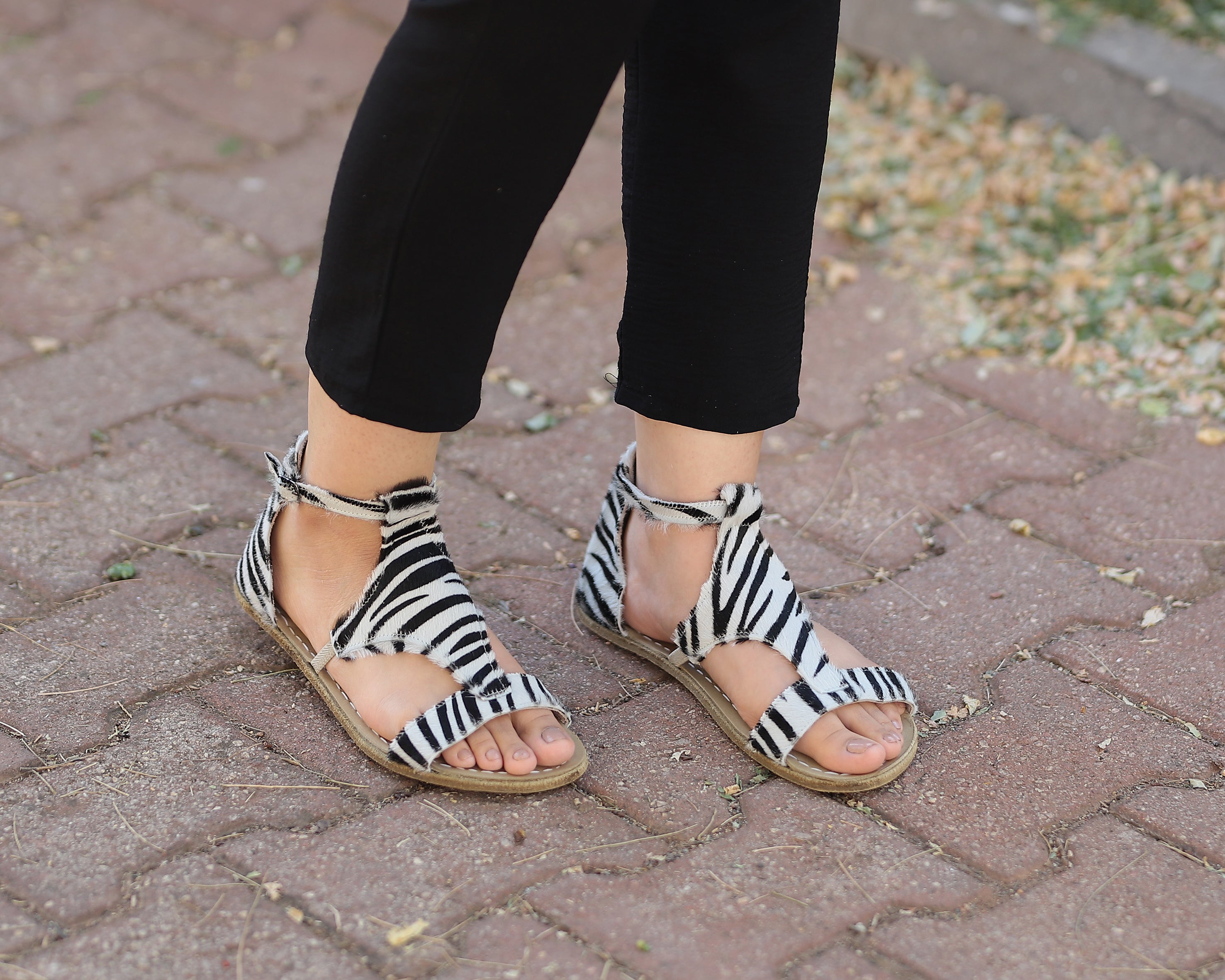 Zebra Women Buckle Slipper Wide Barefoot Smooth Leather Handmade 