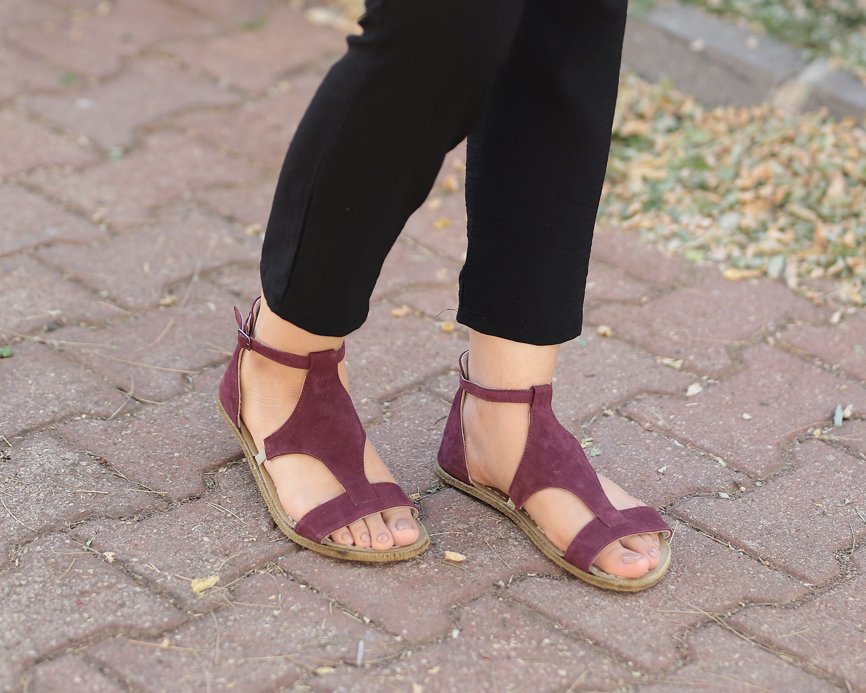 Burgundy Women Buckle Slipper Wide Barefoot Nubuck Leather Handmade