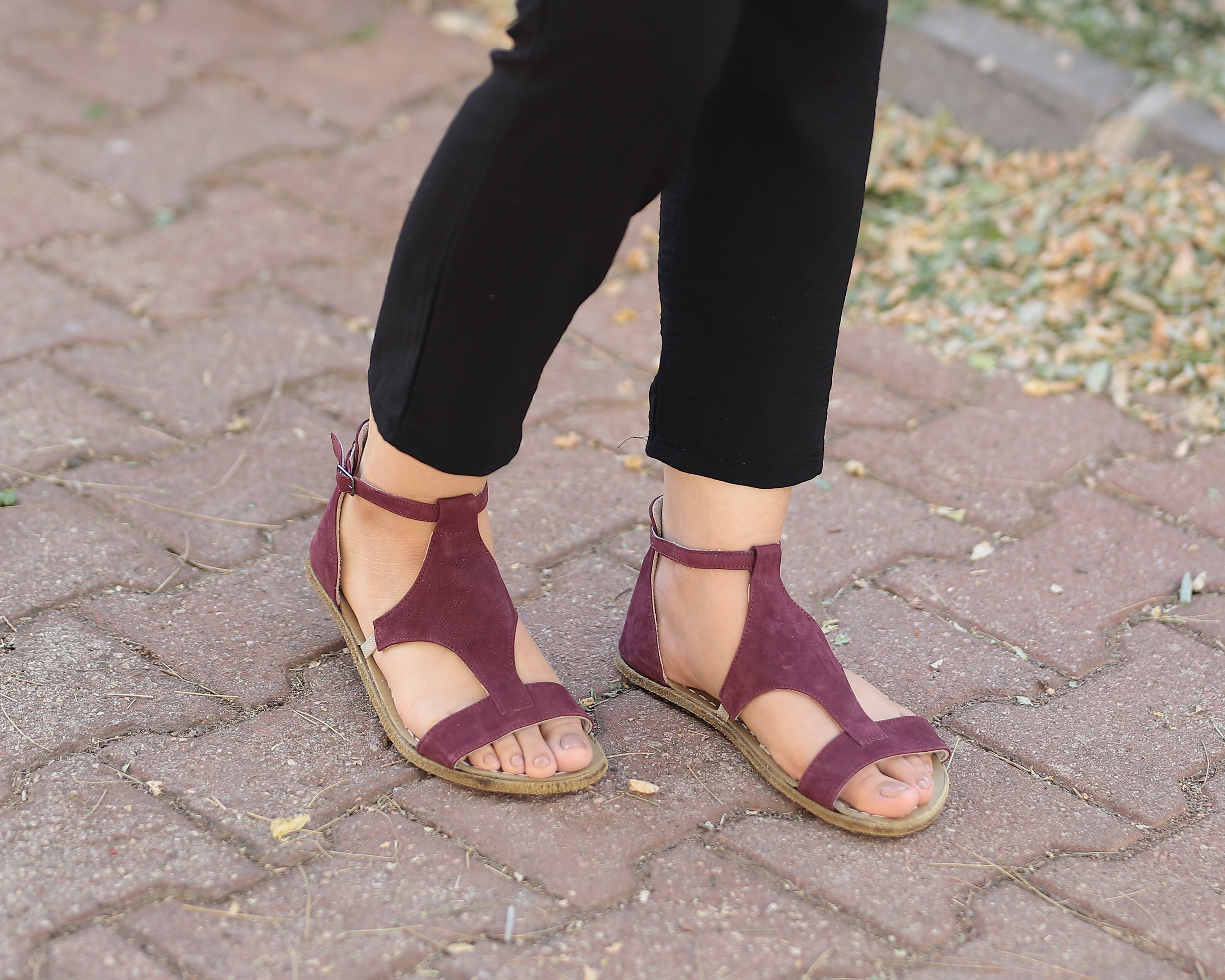 Burgundy Women Buckle Slipper Wide Barefoot Nubuck Leather Handmade 
