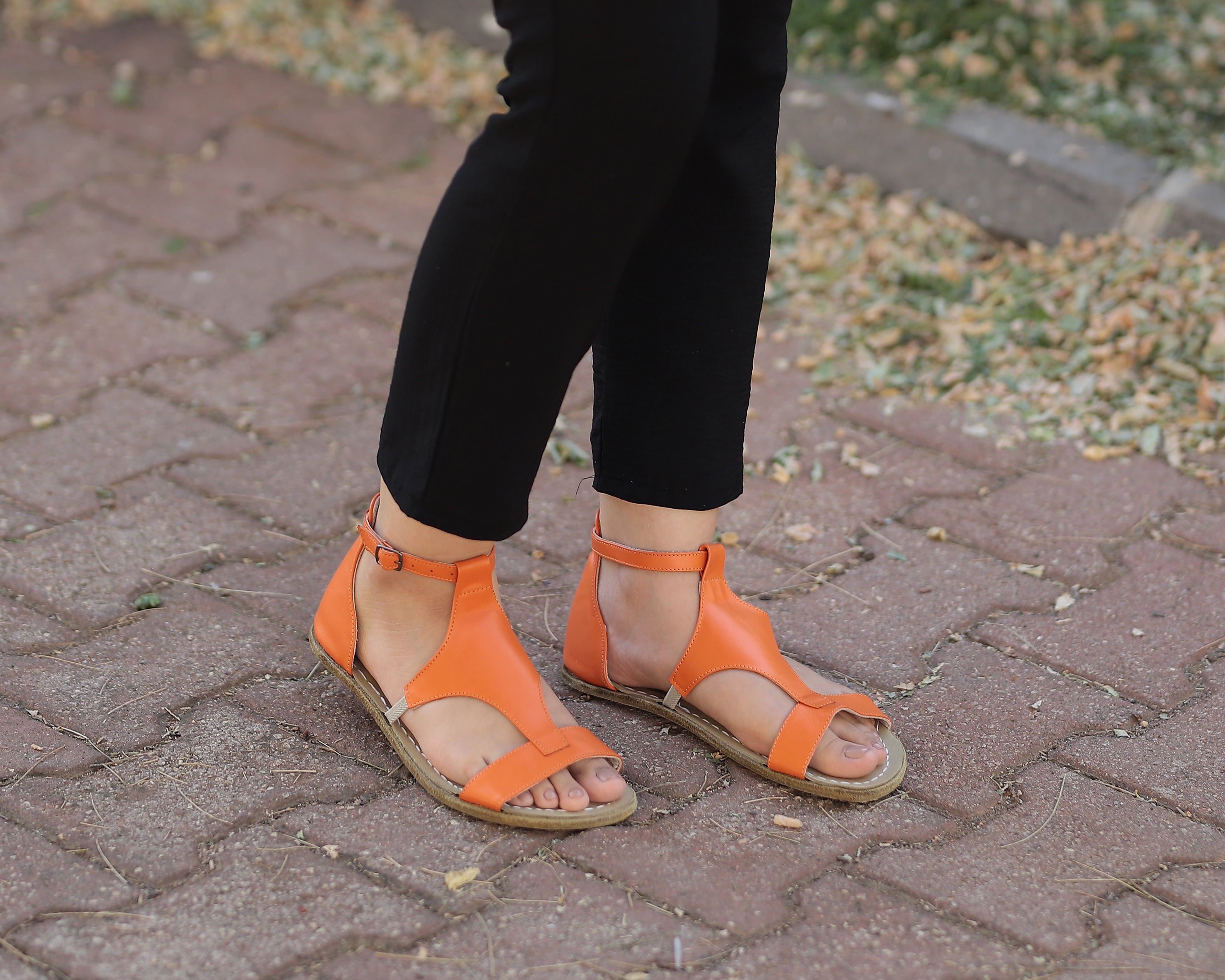 Orange Women Buckle Slipper Wide Barefoot Smooth Leather Handmade 